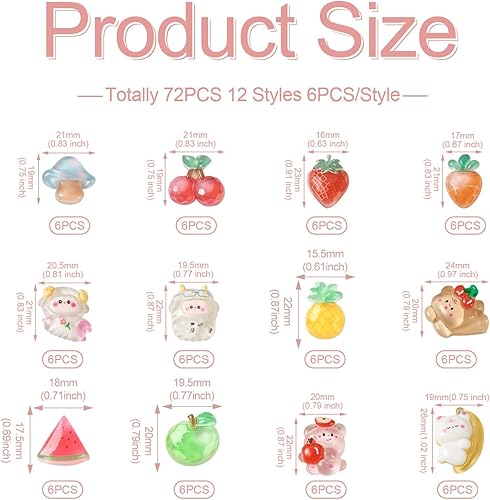 Miniatura 6 de Pandahall - 72 dijes de resina de animales con parte trasera plana, dijes kawaii de resina de caramelo, conejo, hongos, fresas, zanahorias, osos, 2