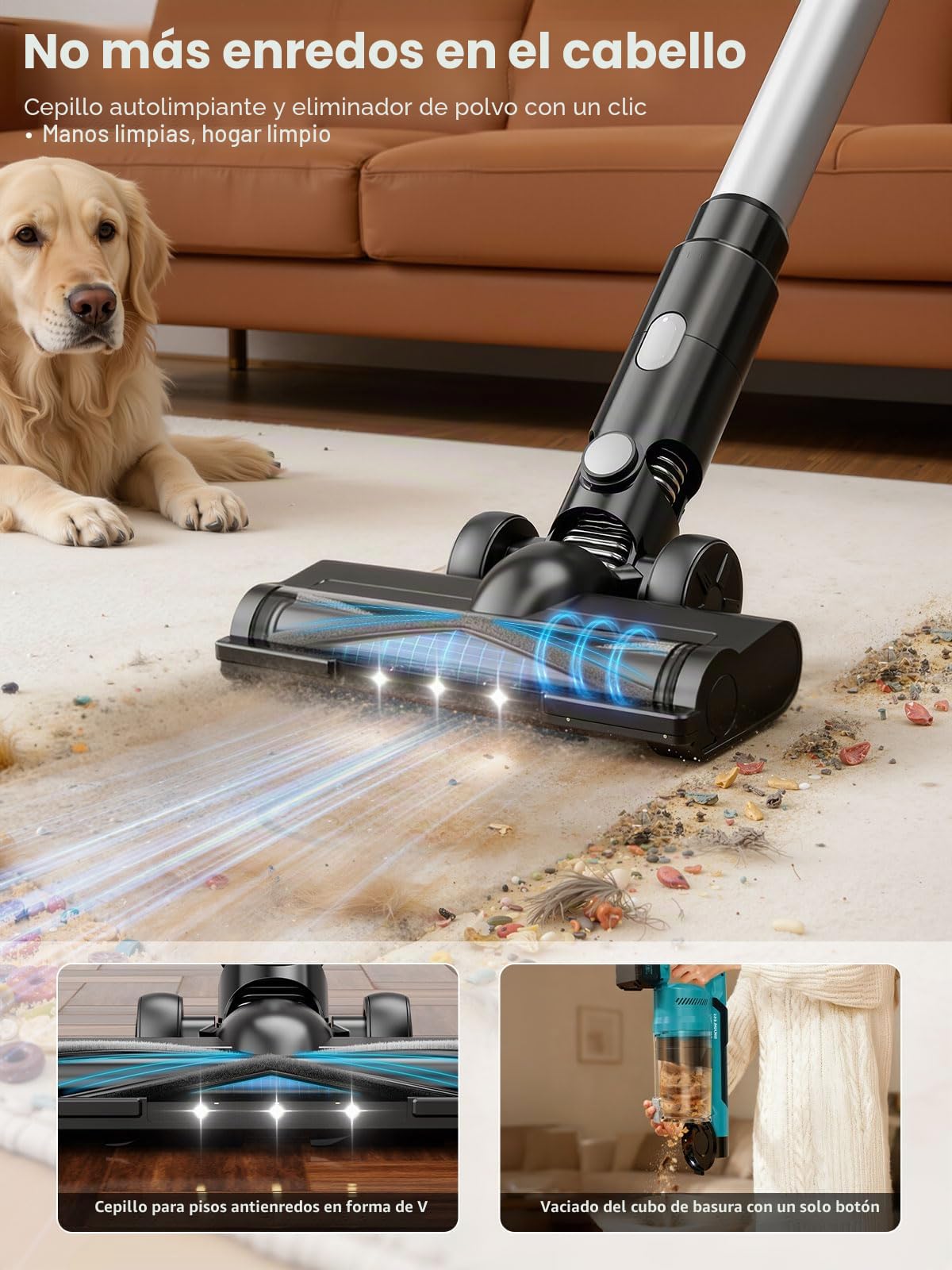 Aspiradora sin Cable 60Kpa/70Min, Cepillo Anti-Enredo Mejorado 2026, 8000mAh Aspiradora Escoba Potente con Luz Verde, Cepillo Antienredos y Pantalla LED, Alfombras/Suelos/Pelo de Mascotas