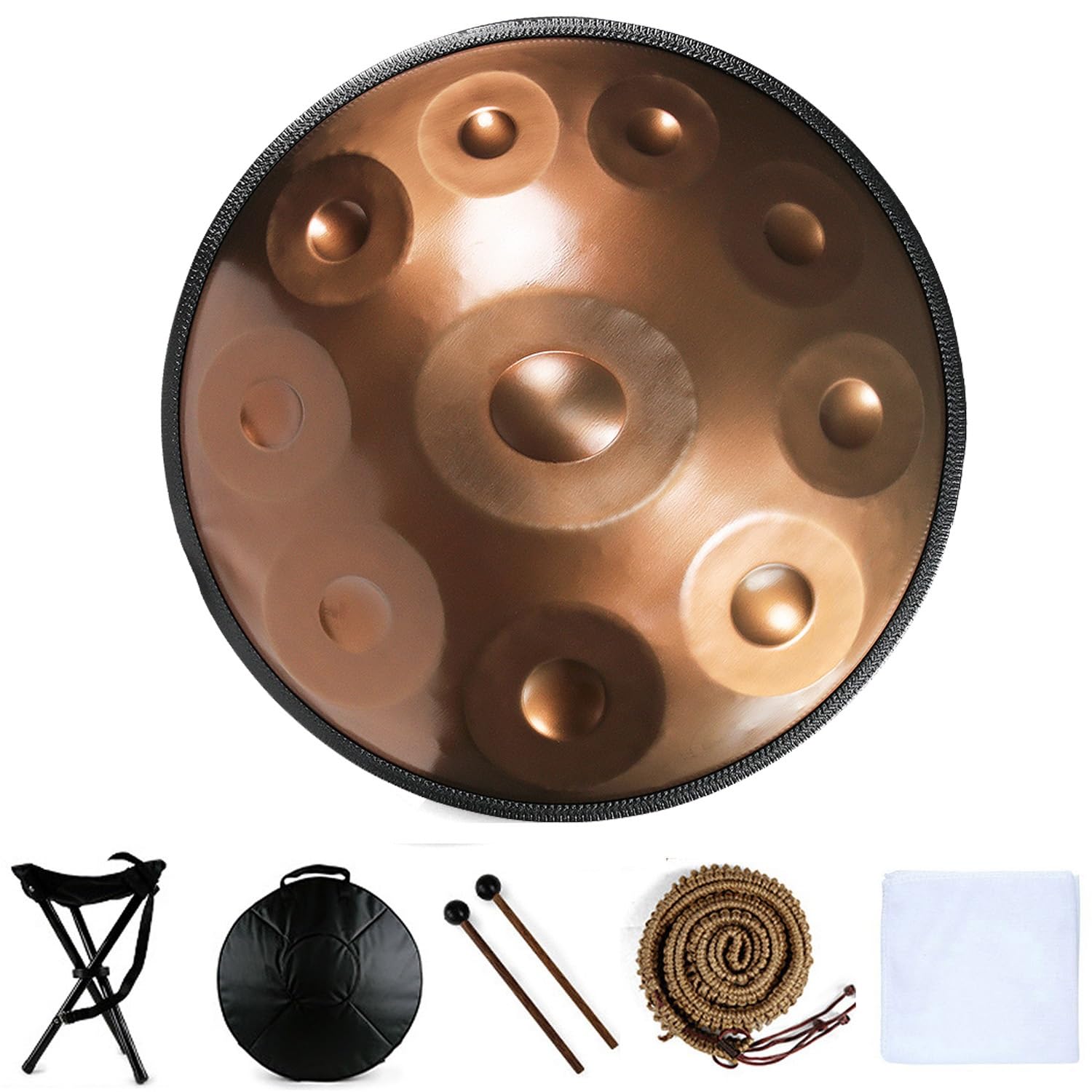 Handtrommel, Handpan-Drum-Instrument In D-Moll 9/10/12 Noten 56cm Stahl-Handpan-Trommel Mit Handpan Tasche, 2 Schlägeln Und Handtrommelständer (Color : Gold - 10 Notes, Size : 440hz)