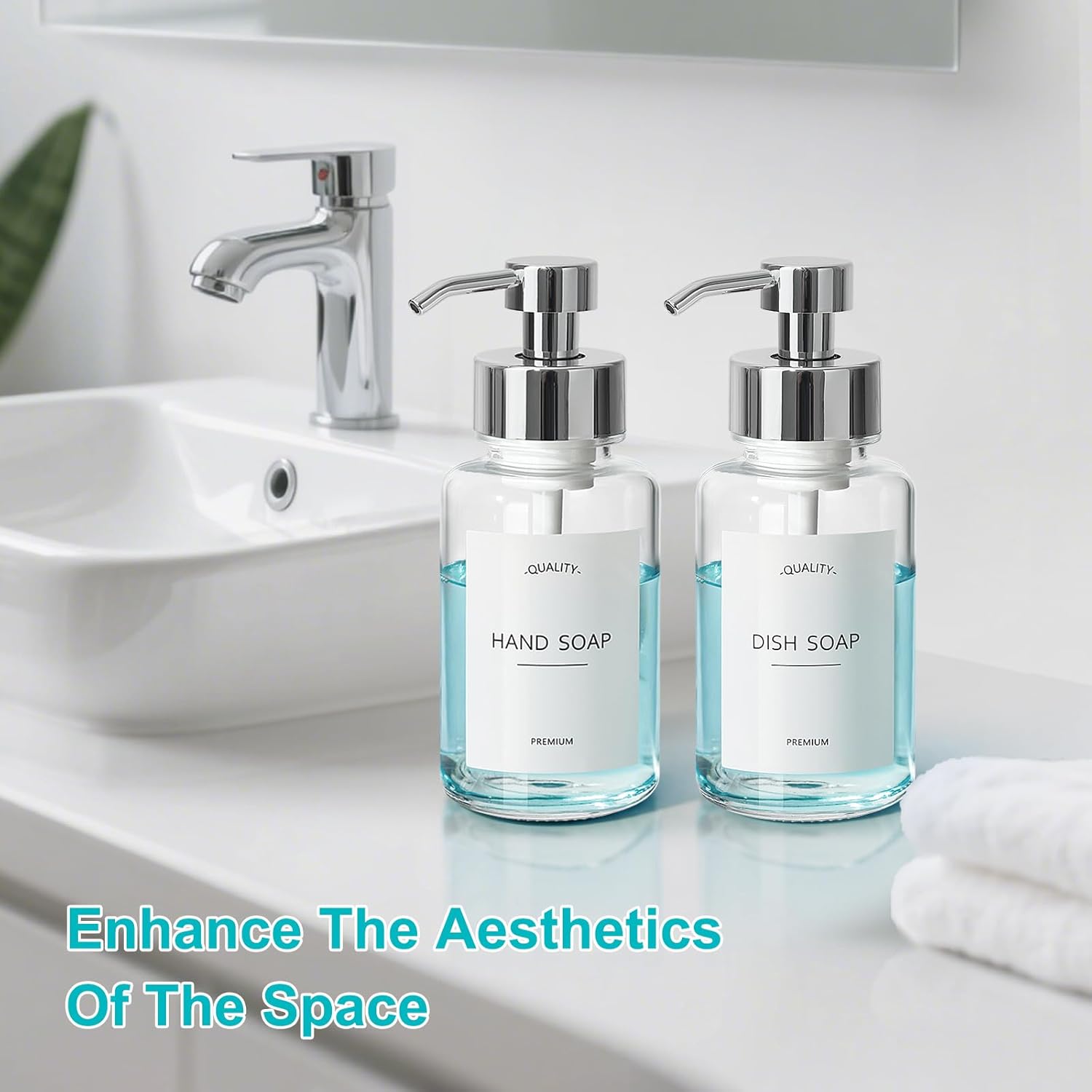 Foaming Soap Dispenser, 14.1 oz/400ml Foaming Hand Soap Dispenser, 2 Pack Glass Foaming Dispenser for Bathroom & Kitchen, Clear Refillable Liquid Dispenser Bottle with Waterproof Labels - Image 8