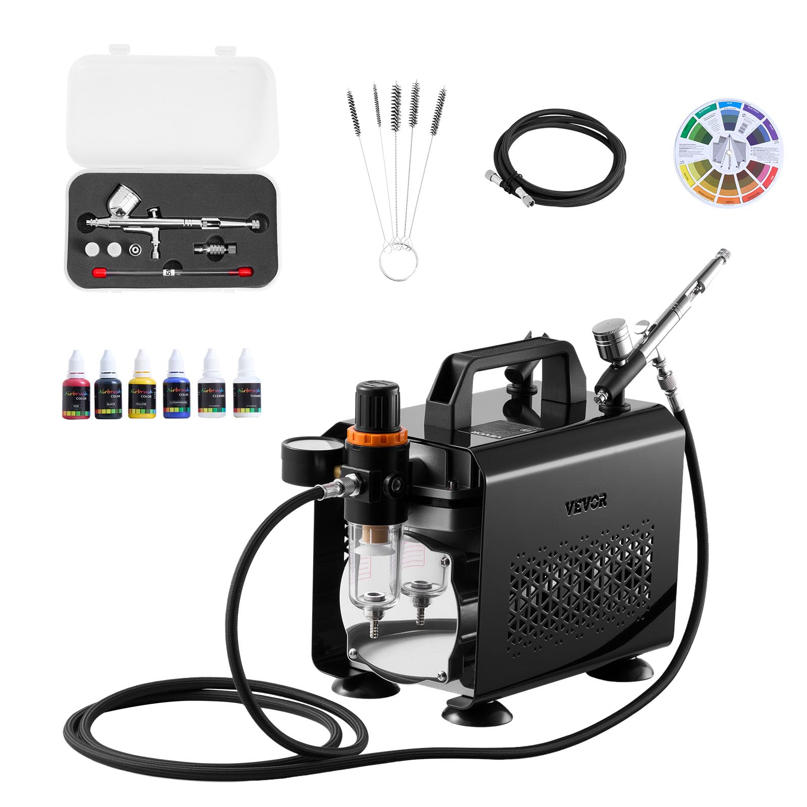 VEVOR Set Aerografo 1/6 HP con Compressore d'Aria, 1 Spruzzatore Aerografo a Doppia Azione con 3 Ugelli (0,2/0,3/0,5 mm) Flusso d'Aria 23 L/min, per Decorazione di Torte, Pittura di Modelli
