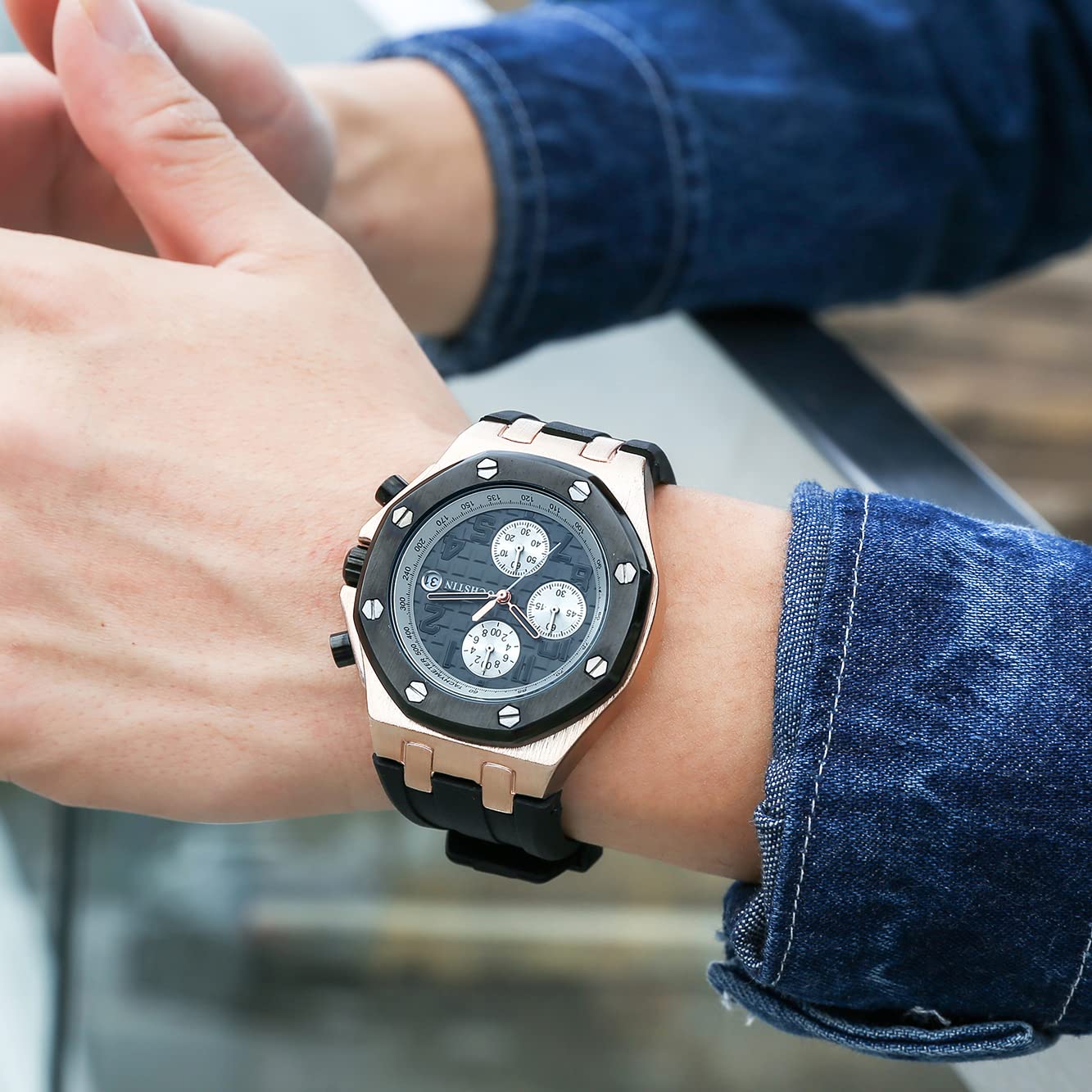 TEINTOP Ochstin precyzyjny chronograf męski zegarek biznesowy męski ośmiokątne zegarki, różowy, złoty, czarny, Klasyczny