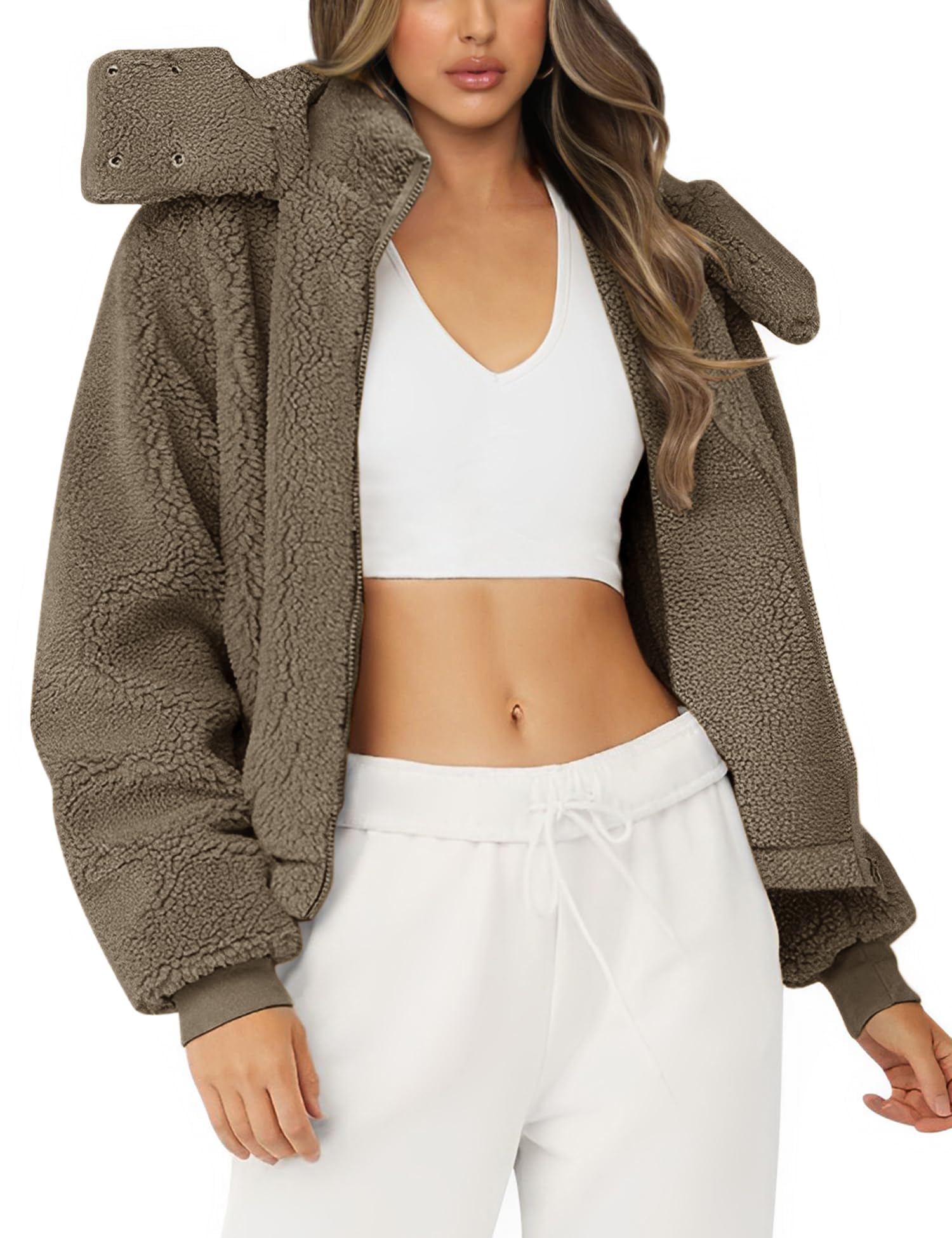 micoson Womens Faux Fur Coat Winter Full Zip Sherpa Fleece Jacket Long Sleeve Warm Fuzzy Outerwear with Hooded-picture-20