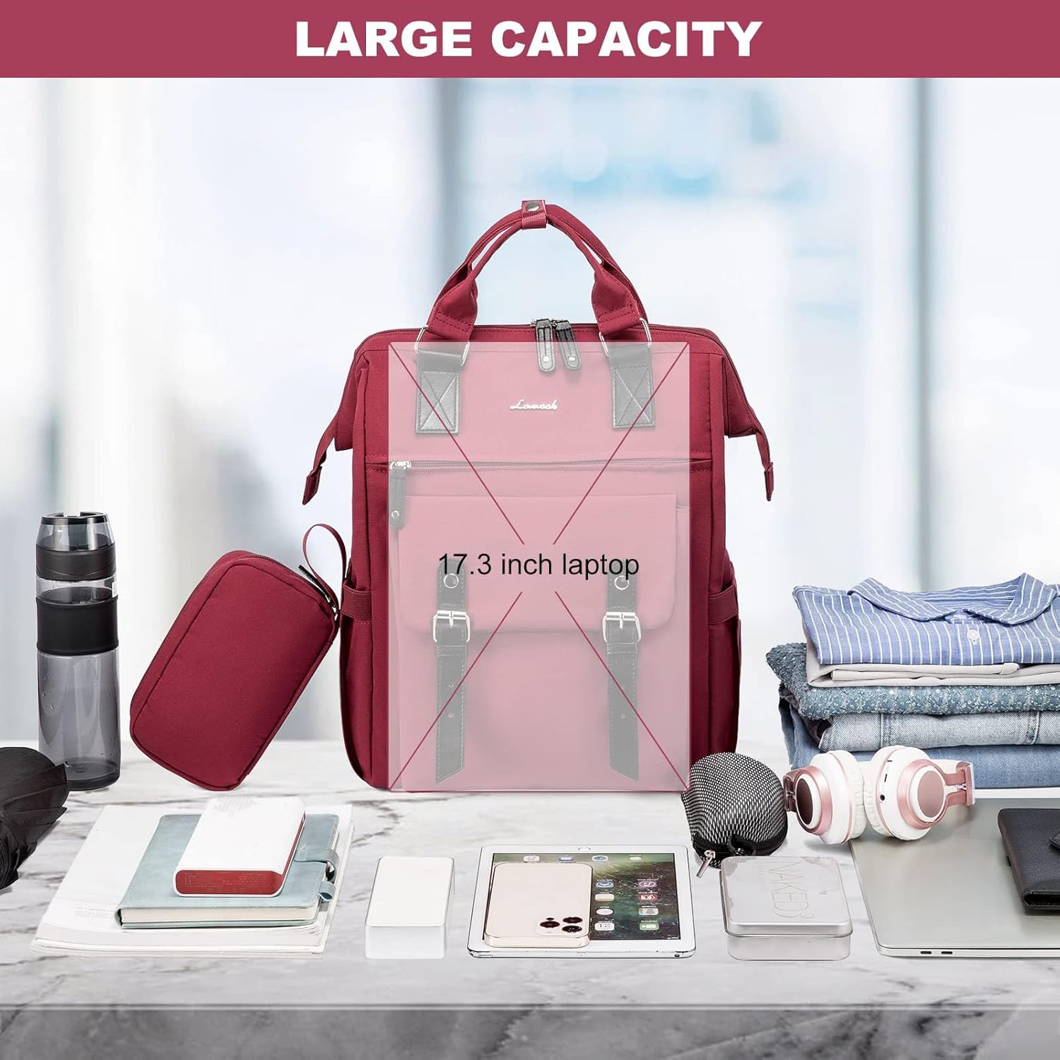 LOVEVOOK Laptop Backpack for Women Work Travel Backpack College Backpack Business Commuter Computer Bag Teacher Doctor Nurse Bags Purse, 17 Inch, Wine Red-black - Image 5