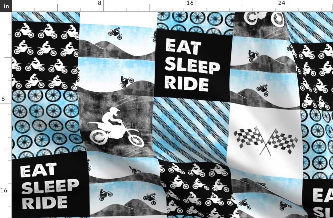 Spoonflower Fabric - Eat Sleep Ride Dirt Bike Black Blue Baby Boy Wheels Motocross Printed on Organic Cotton Sateen Fabric by The Yard - Sewing Quilting Apparel Home Decor