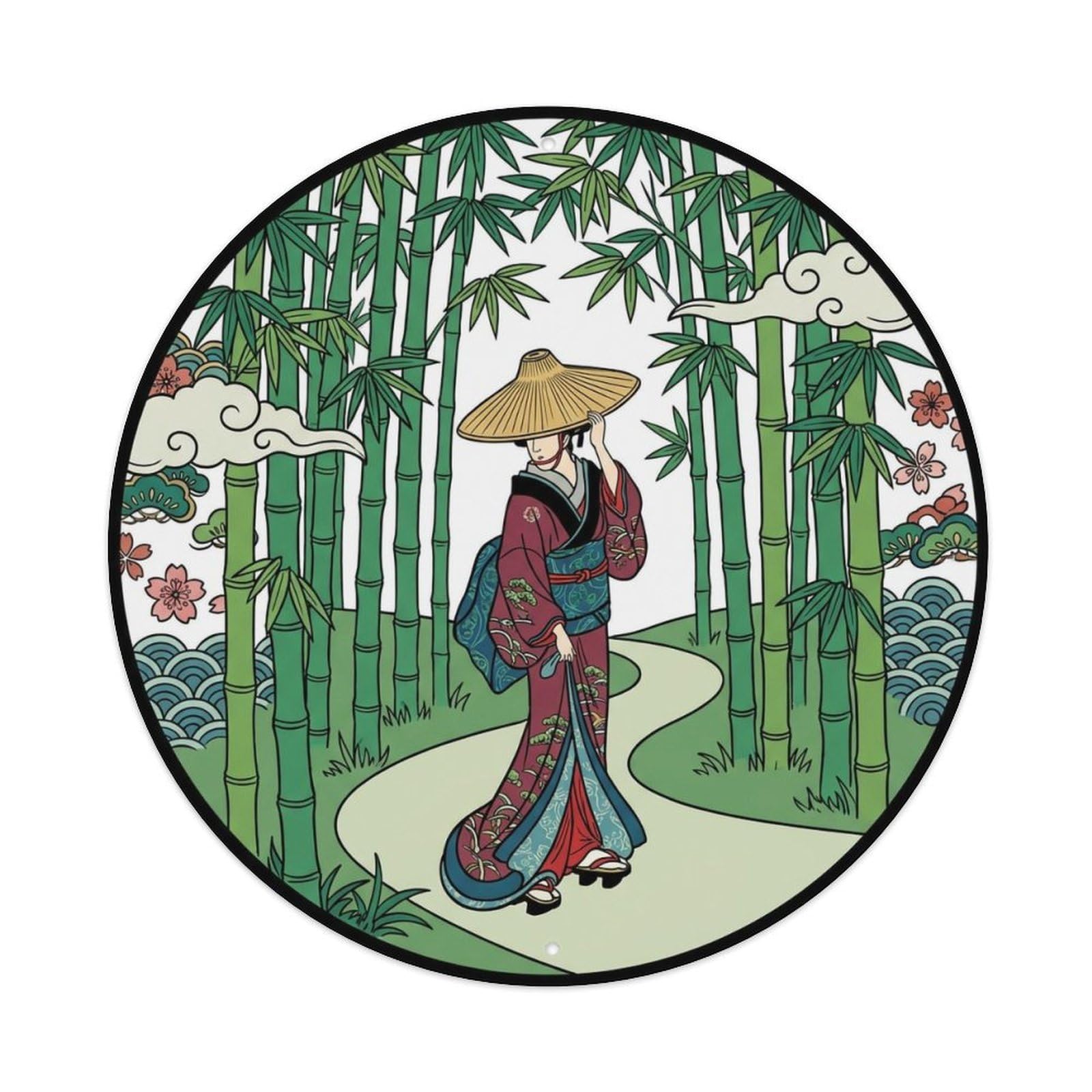 Japanese Geisha Bamboo Path Walking Green Forest Metal Tin Sign