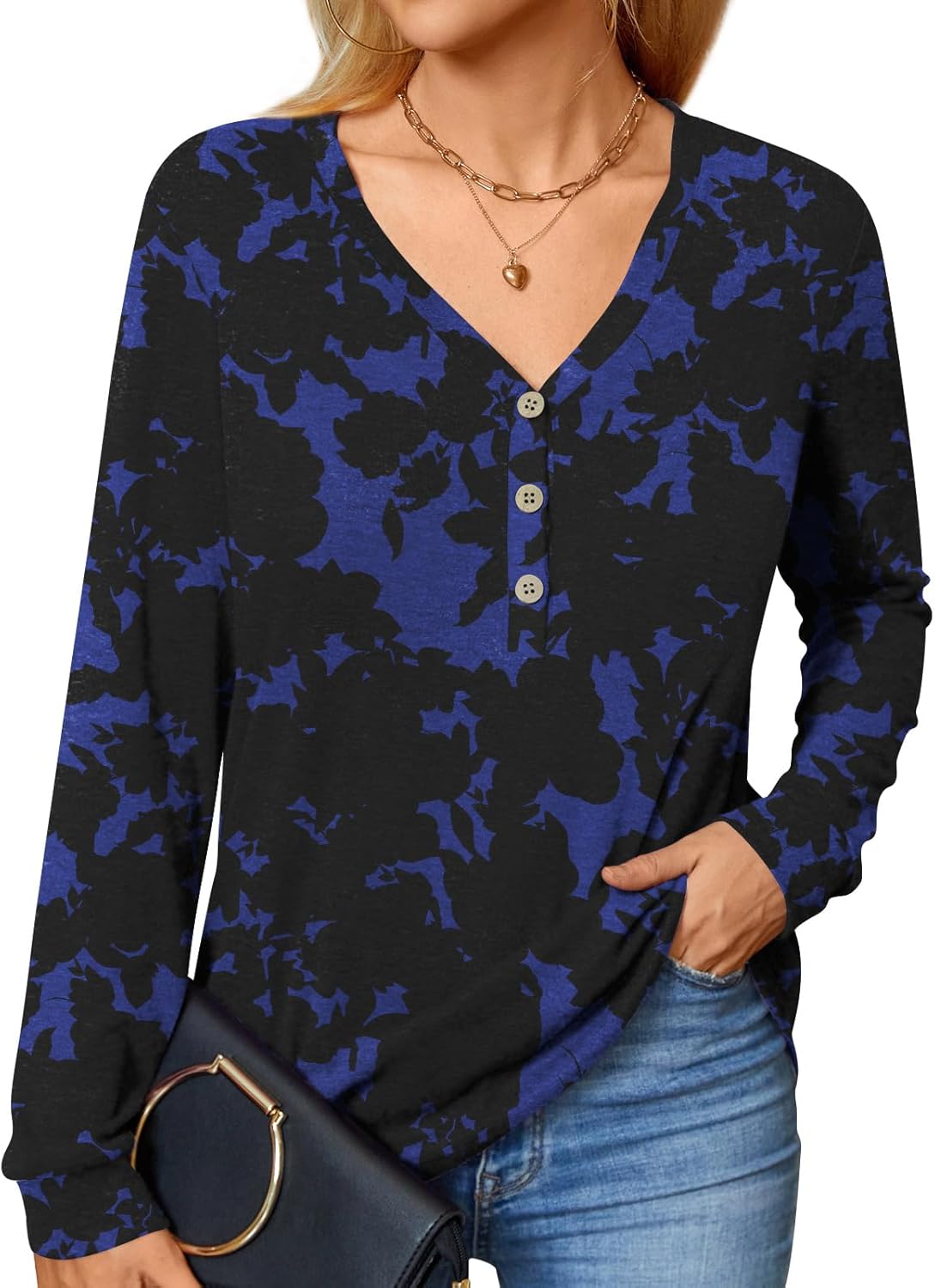 BISHUIGE Womens Long Sleeve Henley Tunic Tops Button T-Shirts V-Neck Casual Sweatshirt - Image 2