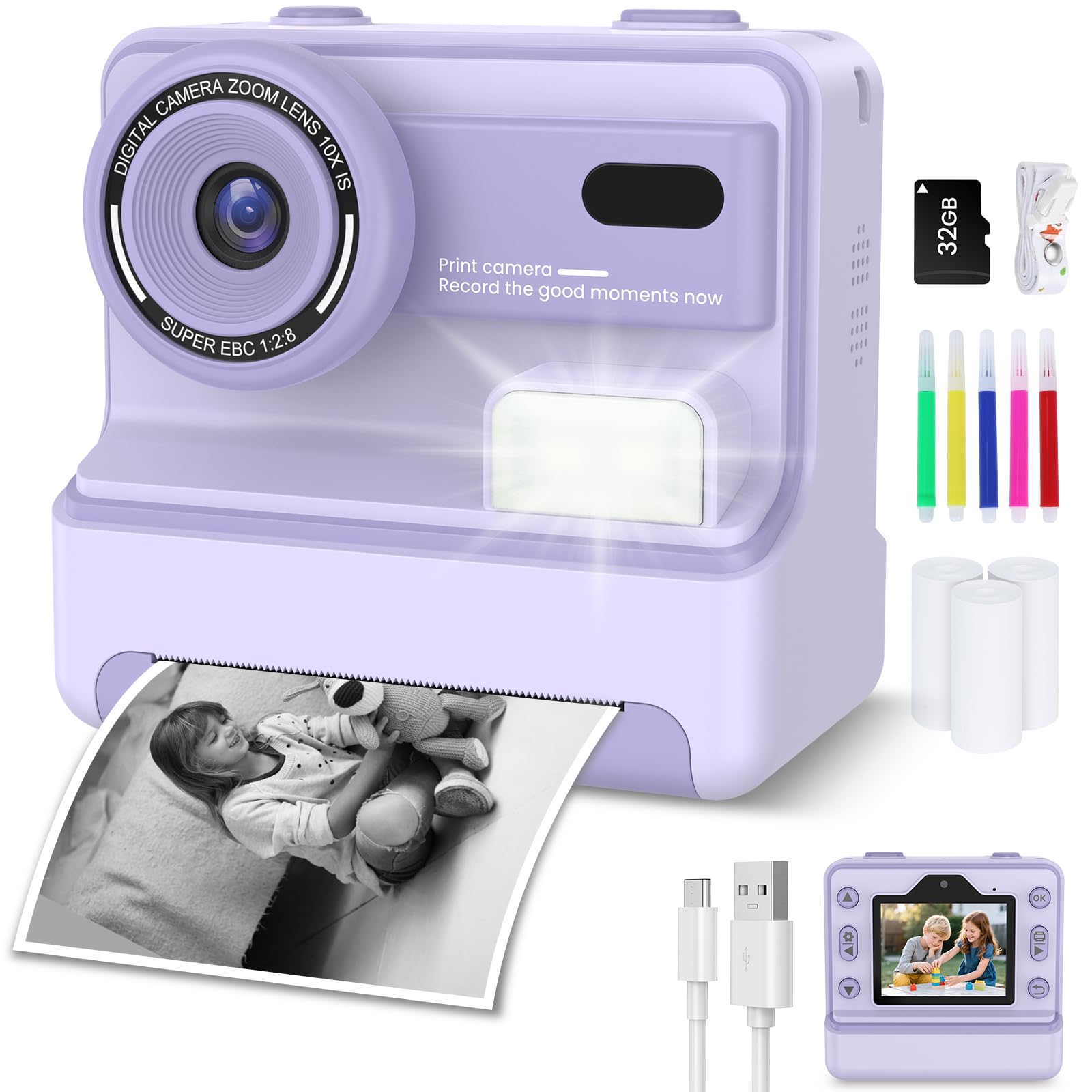 Macchina Fotografica Bambini Istantanea, 48M/1080P Fotocamera Bambini Selfie, 2.4 Pollici Macchina Fotografica Banbini con Carta da Stampa e 32GB Scheda,Regali per Ragazze Ragazzi 3-12 Anni (Viola)