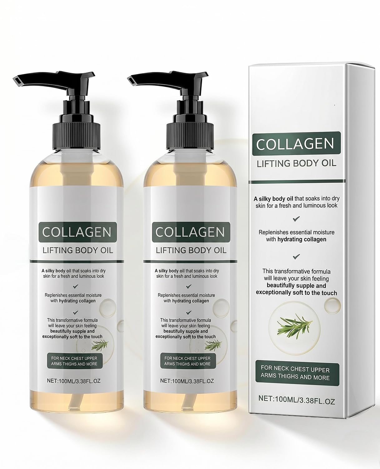 Lot de 2 huile corporelle liftante au collagène (100ml), Romarin Huile Corps Hydratante, Anti Cellulite Anti-vergetures et Hydratant raffermissant body oil pour Ventre, Jambes, Bras et Cou