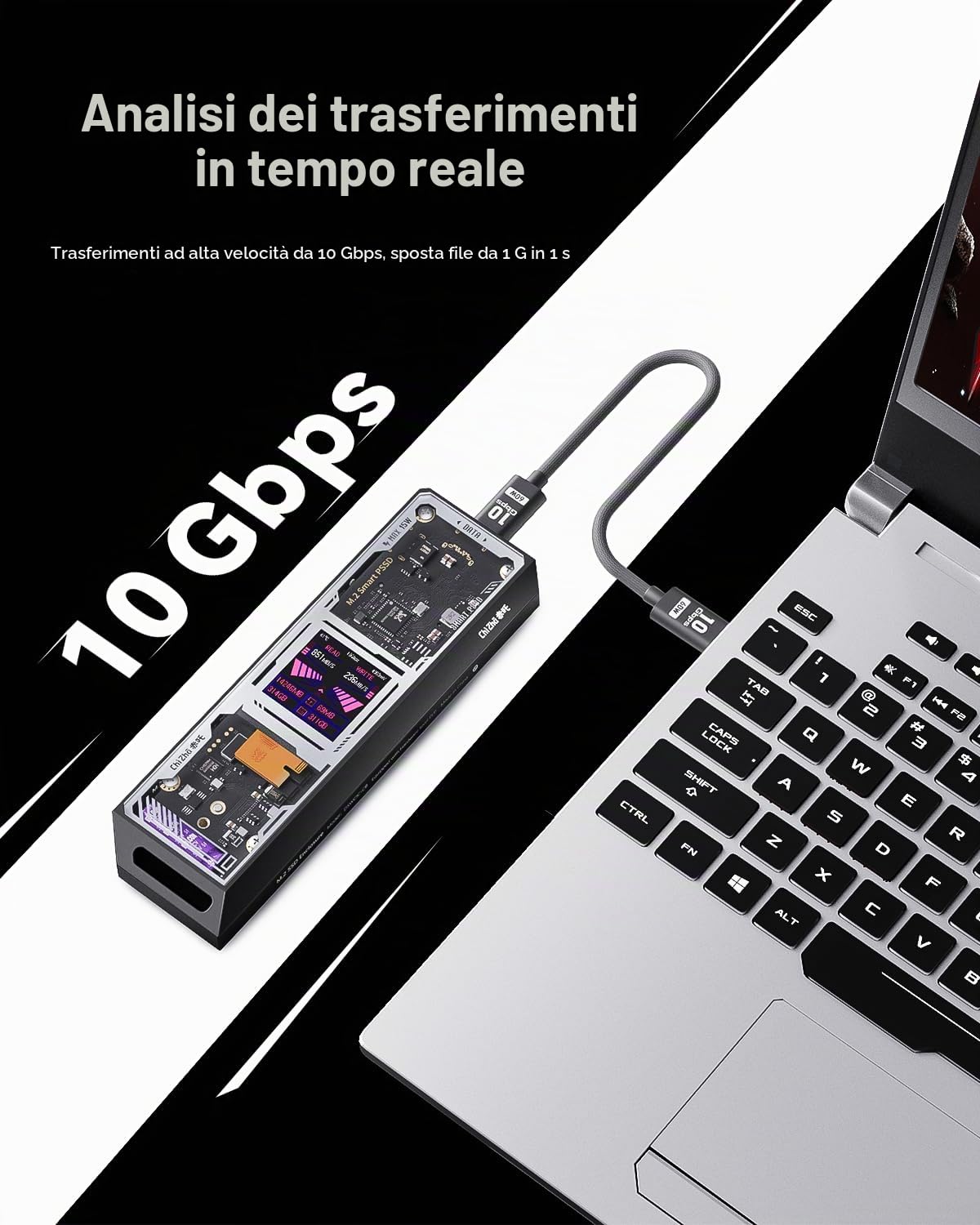 Chizha Smart Case SSD M2 Xenomorfo, Protezione di Alimentazione di 10s, Rilevamento della salute dell'SSD, Doppie Porte USB-C 3.2 Gen 2 (10Gbps) NVMe Case Supporta NVMe SSD fino a 4TB - Nero