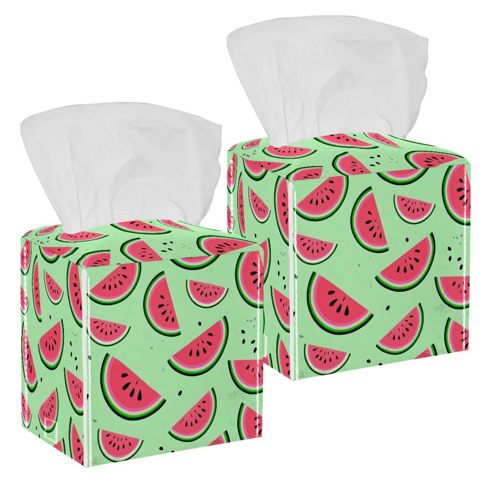 Watermelon Tissue Box Cover, 2 Pack PU Leather Square Facial Tissue Dispenser Box holder for Home Office Car