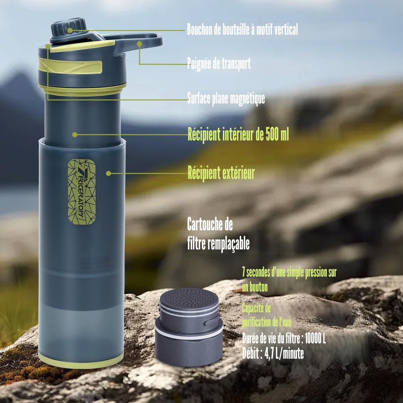 Bouteille avec filtre à eau de 800 ml, système de purification sous pression avec filtre à microplastiques, portable pour camping, randonnée et survie d'urgence (gris foncé)