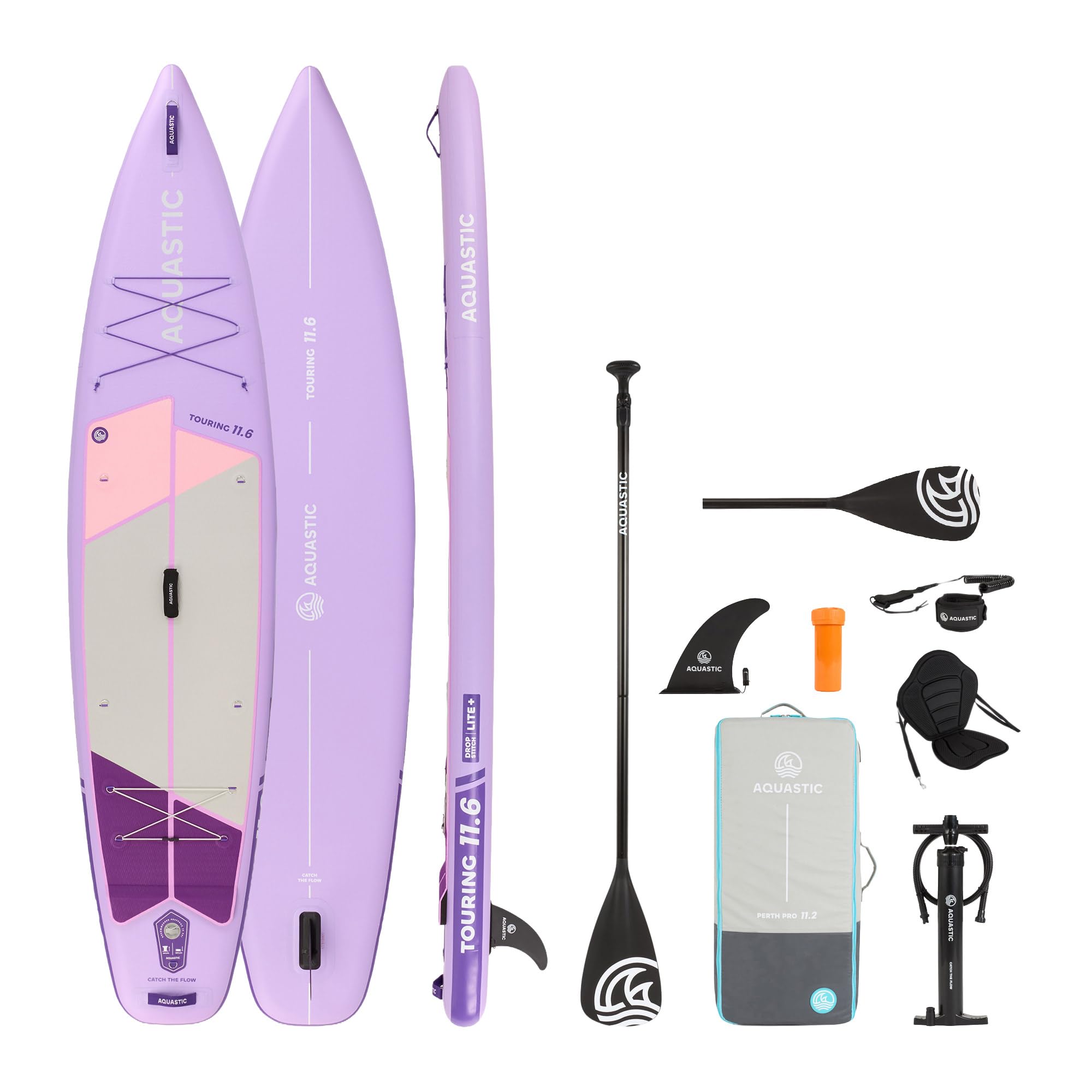 AQUASTIC Touring nadmuchiwana deska SUP 350 x 79 x 15 cm, maksymalne obciążenie 130 kg, pierścienie D do siedzenia kajakiem | 350 x 79 x 15 cm, 330 l, do 130 kg, fioletowy, z siedziskiem kajakowym, wiosłem 2 w 1, pompką, smyczą, płetwami i plecakiem