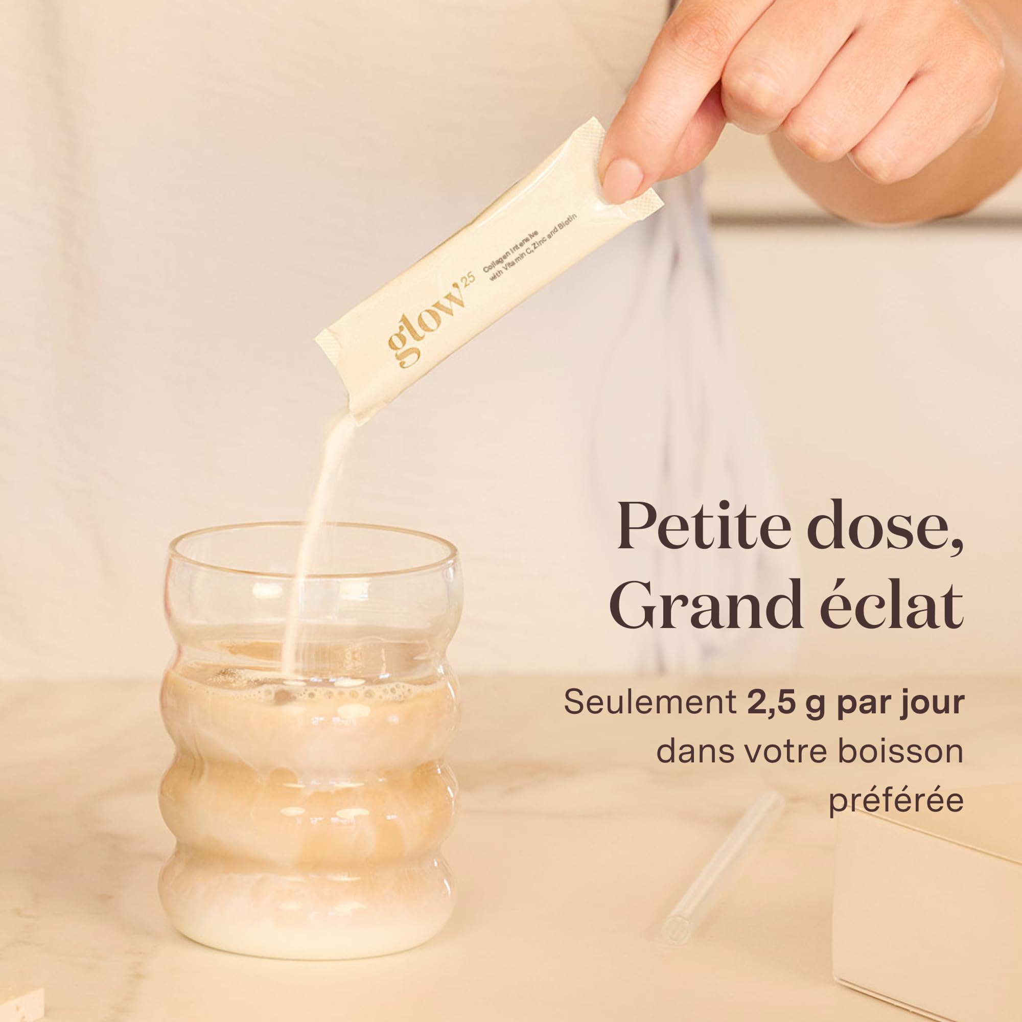 Glow25® Collagen Intensive – marin, tripeptides, vitamine C, zinc, biotine | Collagène intensif avec tripeptides, vitamine C, zinc, biotine – hydrolysat marin – peptides type 1 et 3 – bonne solubilité