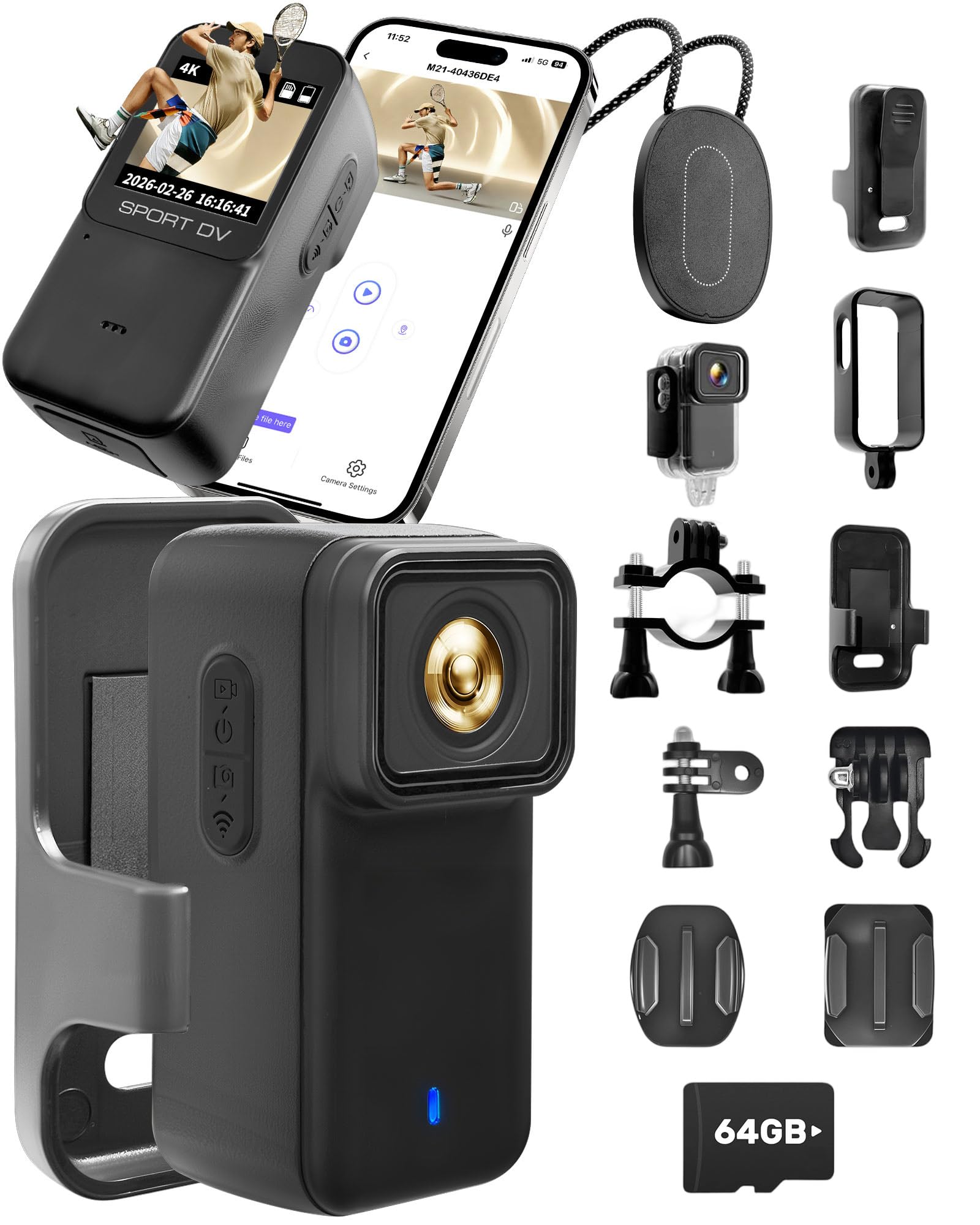 Action Cam 4K WiFi con Scheda TF 64GB, POV Camera con Cover Posteriore Magnetica, Body Cam Mini Impermeabile 30M, Telecamera per Casco Moto, Esterno e Vlog