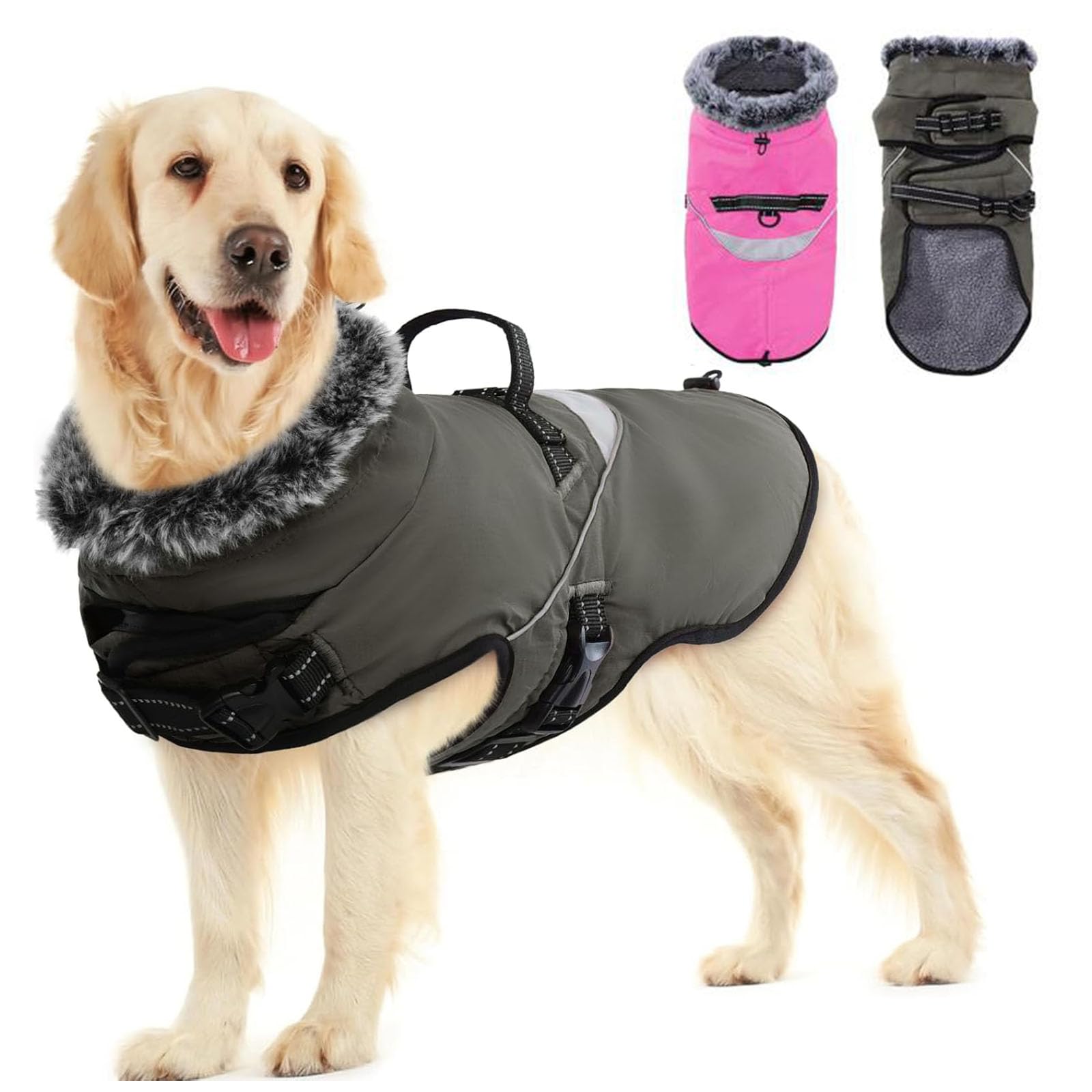 LIANZIMAU Cappotto impermeabile per cani con pettorina Cappotto invernale per cani con fodera in pile Cappotto caldo giacca riflettente per cani