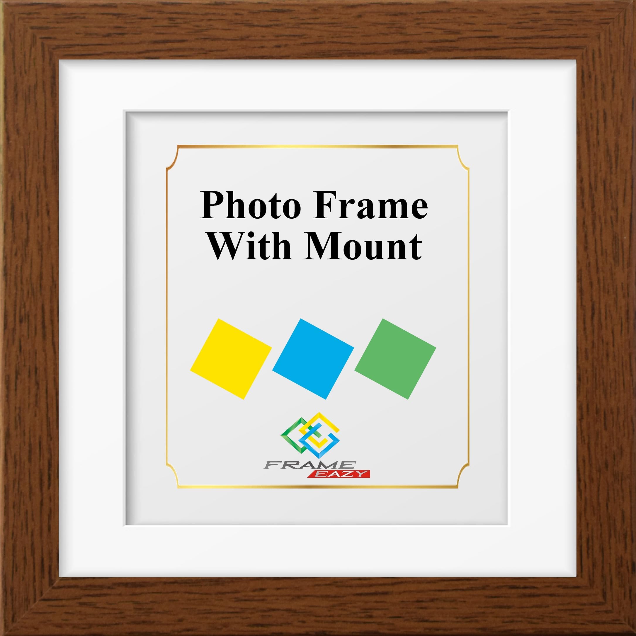 FRAME EAZY Square Walnut Photo Frame Picture Frame with White Mount - Comes With Safe Perspex Front & Wall Hanging Hooks - Square Frame 9"x9" Pic Size 7"x7" Mount