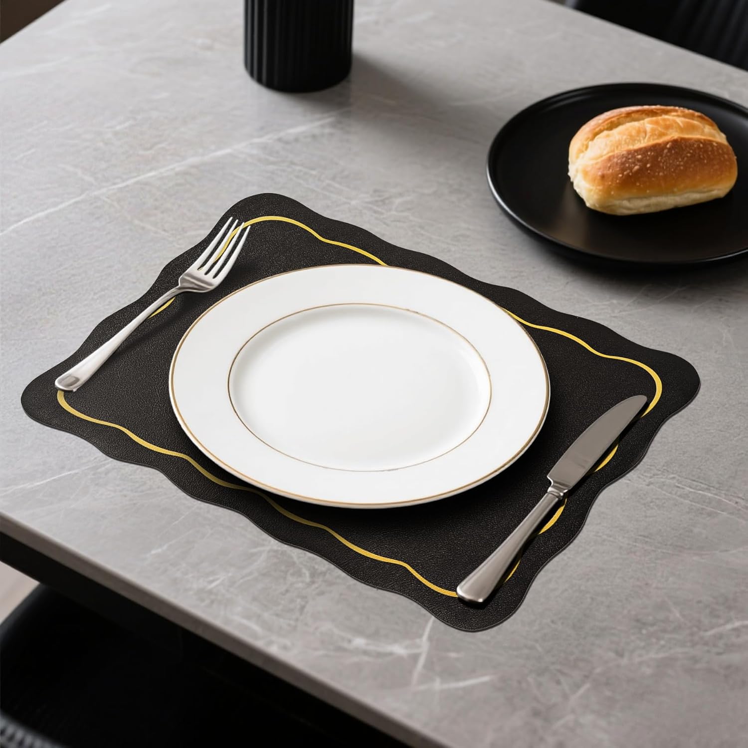 Black and Gold Scalloped Leather Placemats Set of 6 Waterproof Faux Leather Rectangular Placemats Oil-Proof Wipeable for Business Holiday Kitchen Dining Table Decor,16.5 * 11.8"