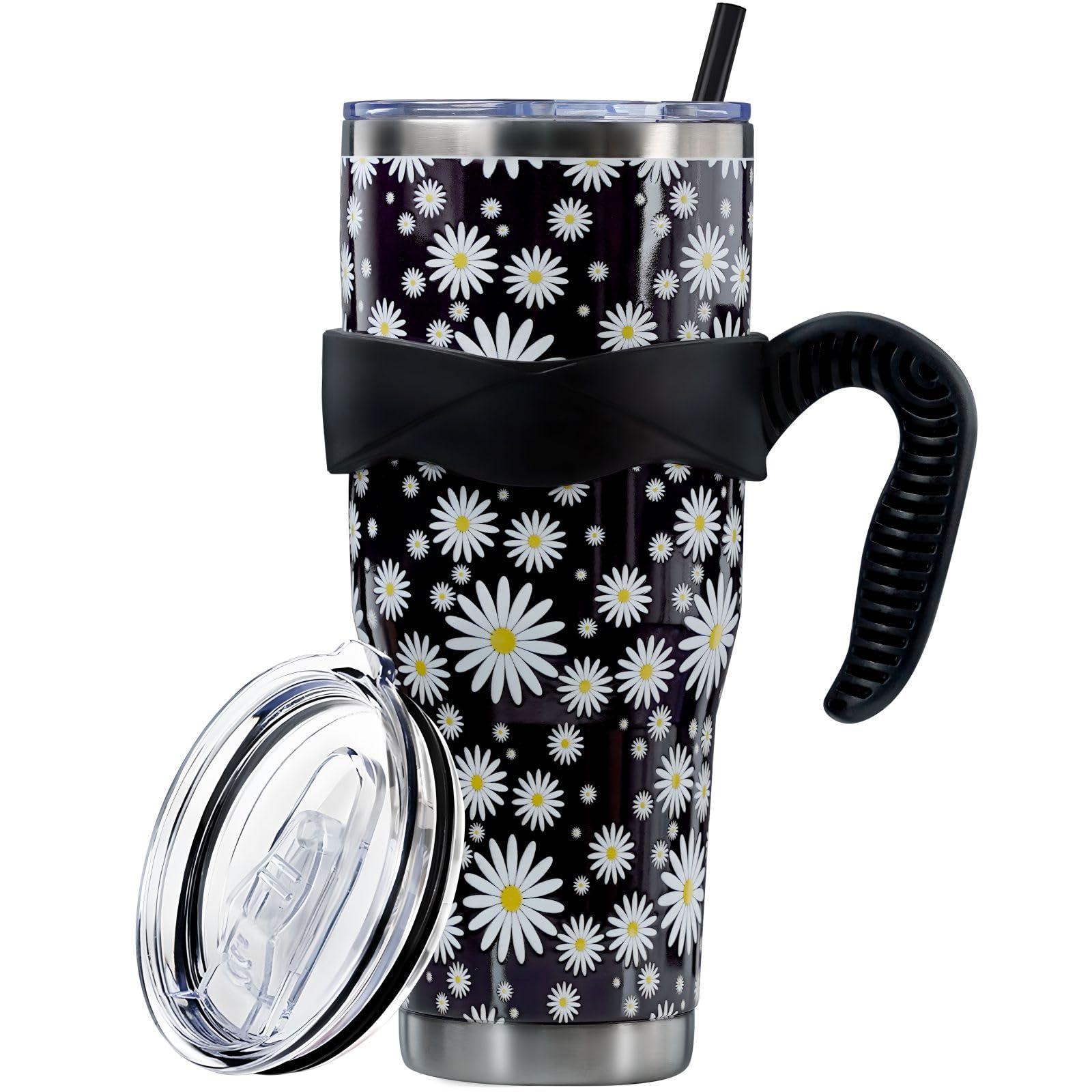 Syuotem 40 oz Tumbler with Handle and Silicone Straw,White Daisy 40 oz insulated Water bottles,Keeps Cold for 24 Hours or Hot for 8 Hours