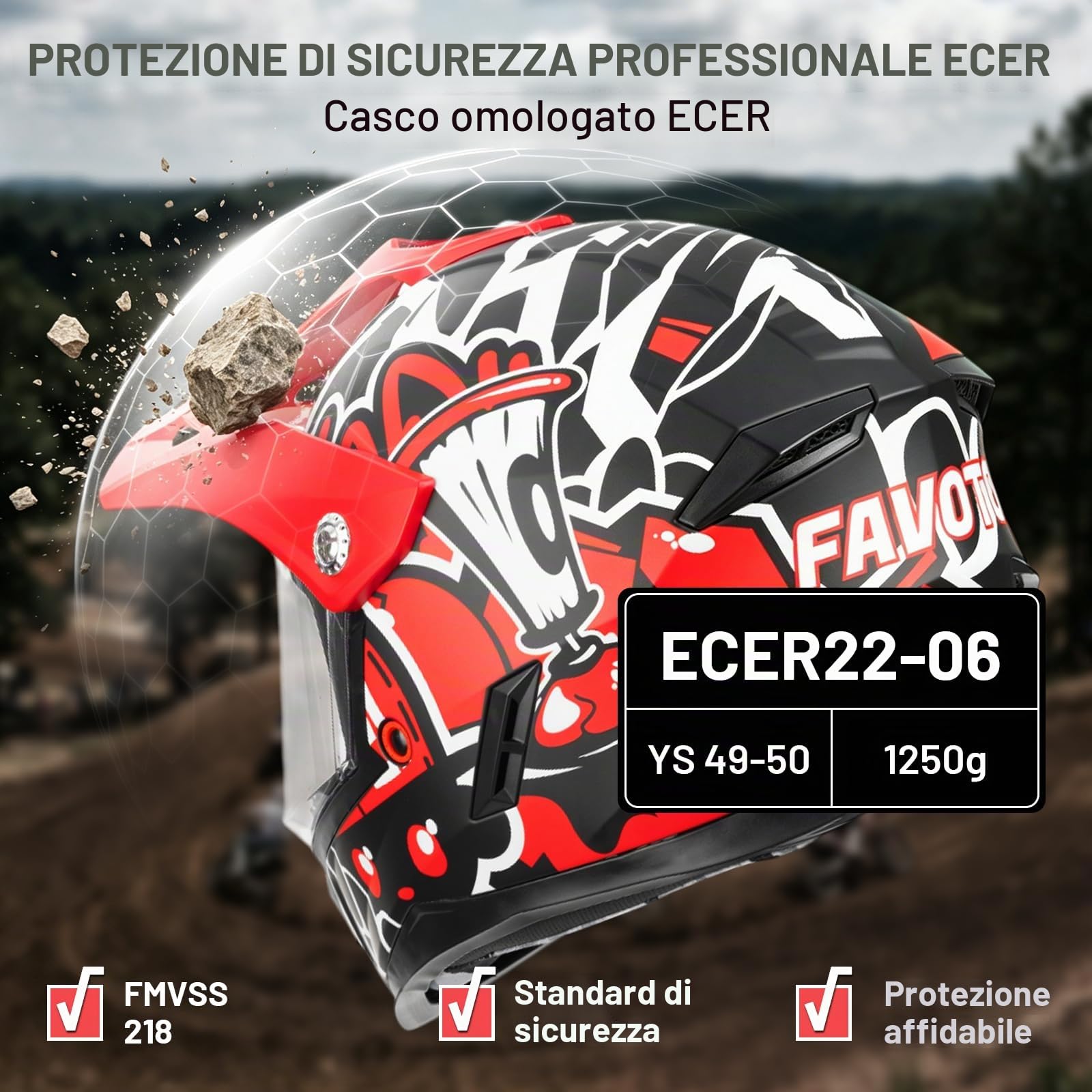 Favoto Casco Motocross Bambino con Occhiali e Visiera – Omologato ECE 22.06, Casco Cross per Dirt Bike, Offroad e Quad, Rosso-Nero M (51–52 cm)
