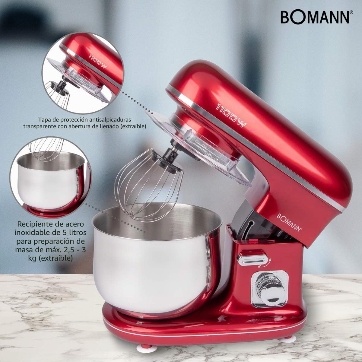 Robot de repostería - Amasadora de pan - Robot amasador - Robot de repostería profesional - Robot multifunción Bomann KM6010CB Robot amasador 1100 Watts Batidora/Amasadora/Batidora 5 Litros Rojo