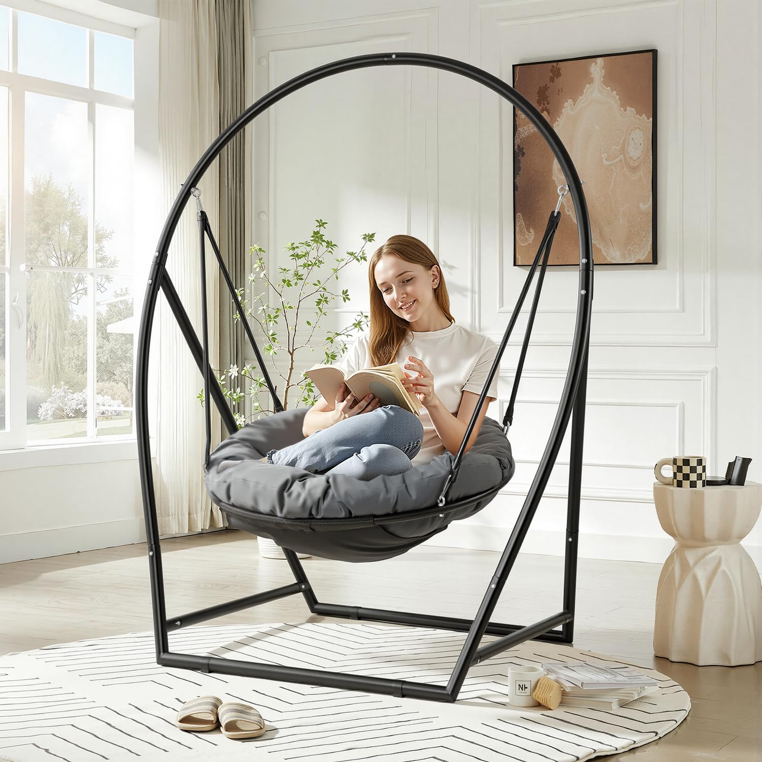 Hängesessel mit Gestell, Runder Hängesitz für Indoor und Outdoor, mit Großem Sitzkissen 100cm, Höhenverstellbar, bis 150kg Belastbar, Schwarz