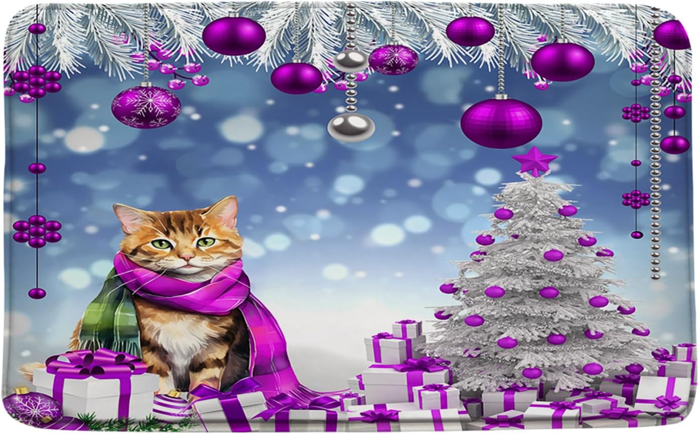 GCTNBJL Christmas Bath Mat Cute Cat Kitten Silver Xmas Tree Pine Twig Funny Animal Winter Holiday Happy New Year Home Office Bedroom Doormat Bathroom Toilet Floor Rug,24x48 Inch
