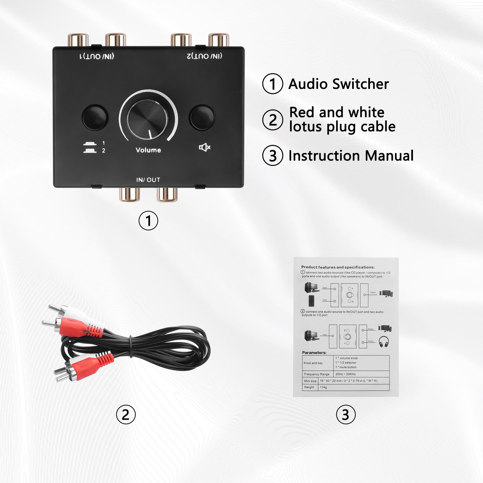 GINTOOYUN RCA Audio Button Switcher 2 In 4 Out o 4 In 2 Out R/L Stereo Audio Switcher con pulsante Mute e manopola di regolazione del volume (RCA)