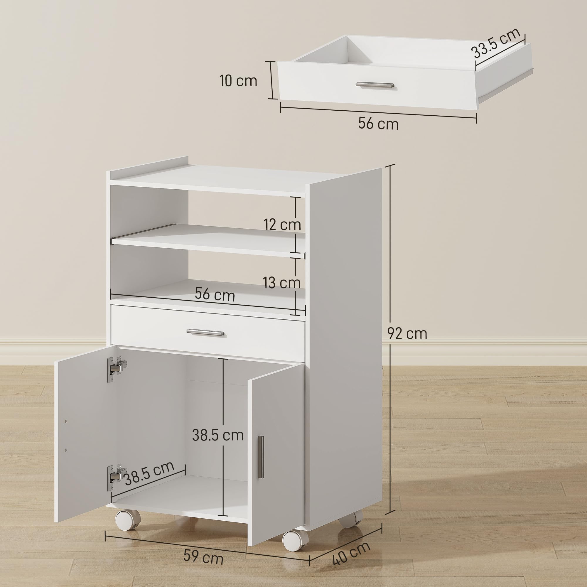 HOMCOM Mobile Microonde con Ruote, Credenza Cucina con Cassetto, Piano per Elettrodomestici, Armadietto a 2 Ante, Ripiano Estraibile e Ripiano Aperto, Carrello Cucina per Soggiorno, 59x40x92cm, Bianco