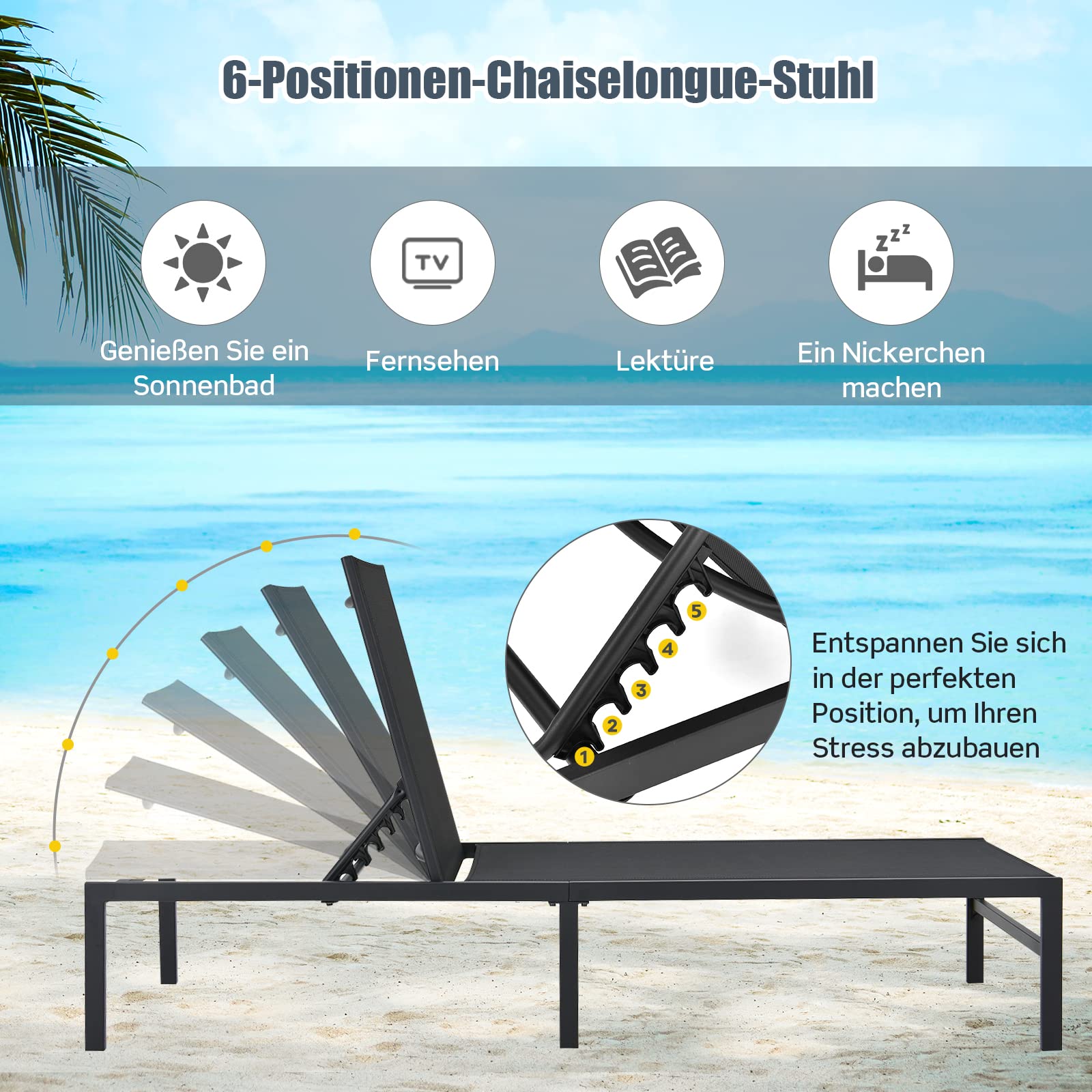 COSTWAY Sonnenliege, Liegestuhl mit 6-stufig Verstellbarer Rückenlehne, Atmungsaktiver Stoff, Gartenliege für Poolbereich, Strand, Terrasse (Schwarz)