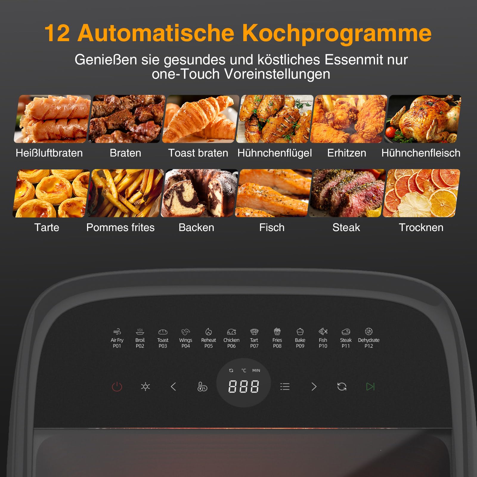 Große Heißluftfritteuse Pizza,Air Fryer XXL 12L,Backofen 12-in-1 Heissluftfritteuse Rotisserie mit 8 Zubehör,Grill Friteuse,Multifunktionale AirFryer ohne Öl mit 2 Großes Sichtfenster