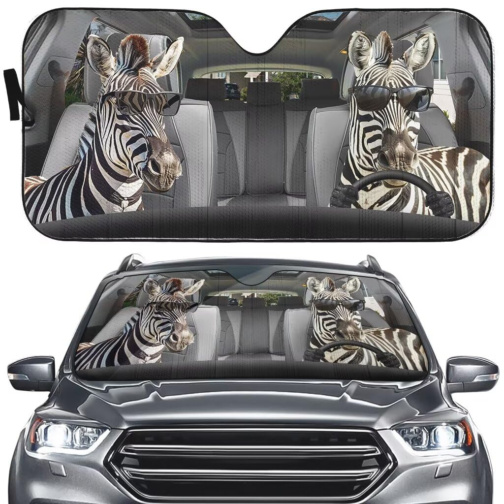 Funny Animal Zebra Driving Car Sunshade,Animal Lover Personalized Sunshade,Auto Sun Shade,UV Rays Reflective Blocks for Car SUV Truck(57x27.5 inchs)