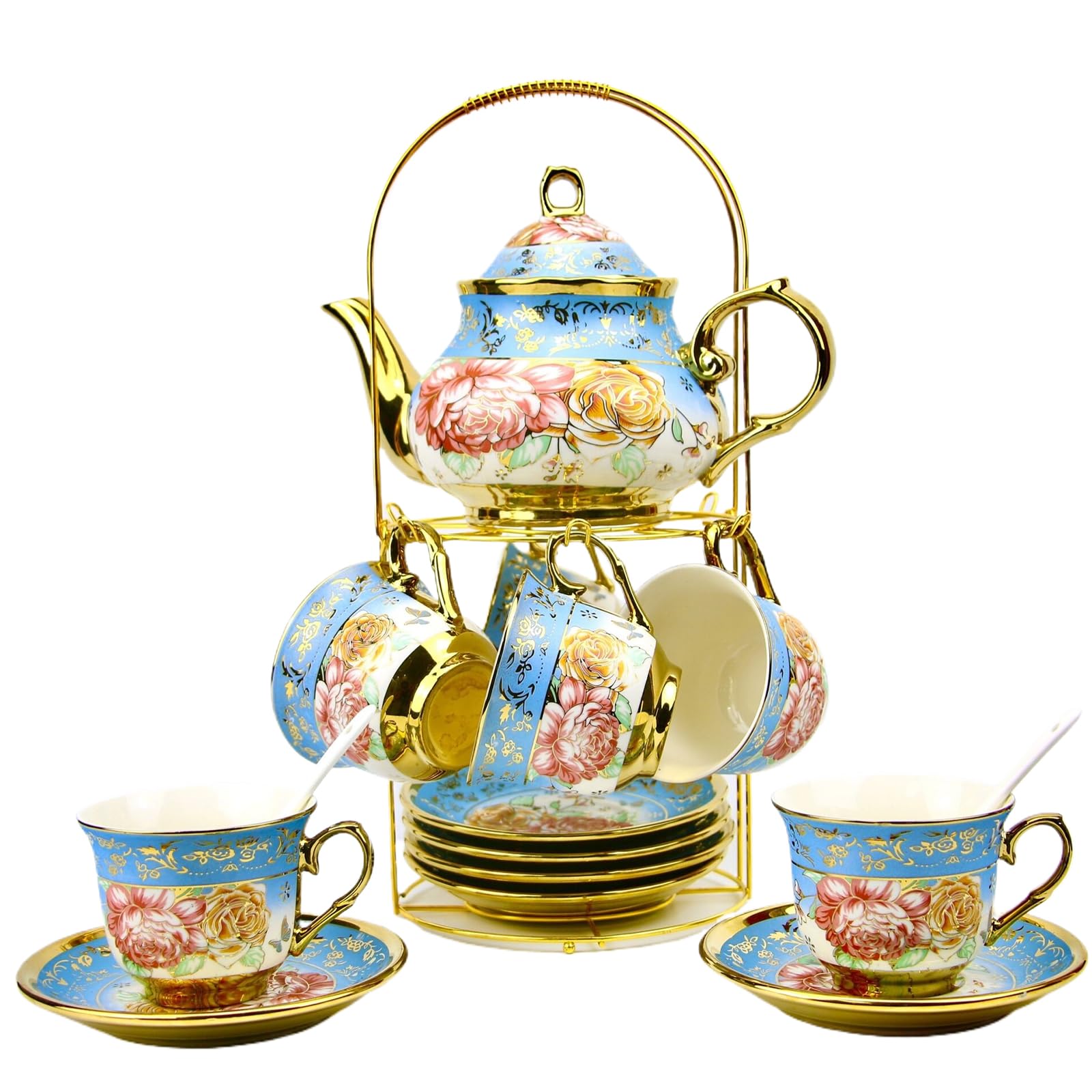 TATSUMI20 Pieces Porcelain Tea Set With Metal Holder, European Ceramic tea set for adults,Flower Tea Set,Tea Set For Women With Flower Painting