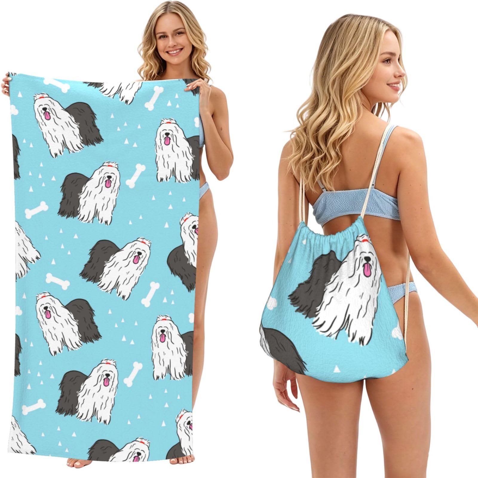 Poadnly As Picture Old English Sheepdog Pattern, 2 In 1 Packable Towel Bag, Beach Towels With Drawstring Backpack For Travel Holiday Camping