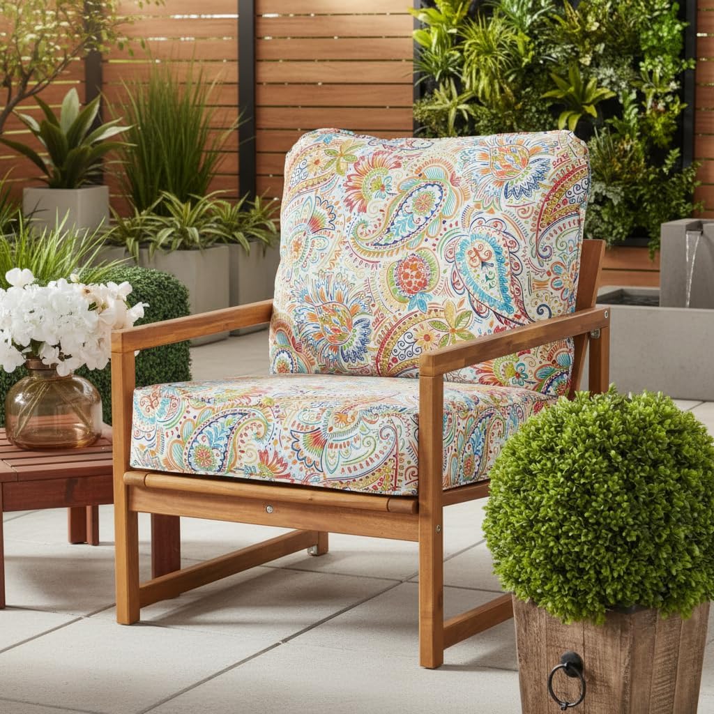 Outdoor Deep Seat Cushion Set 24x24 Seat + 28x22 Back – Plush Fiber Fill Seat, Patio Lounge Replacement Cushion, Corded Trim, Durable Polyester Fabric with Ties, Jamboree Paisley