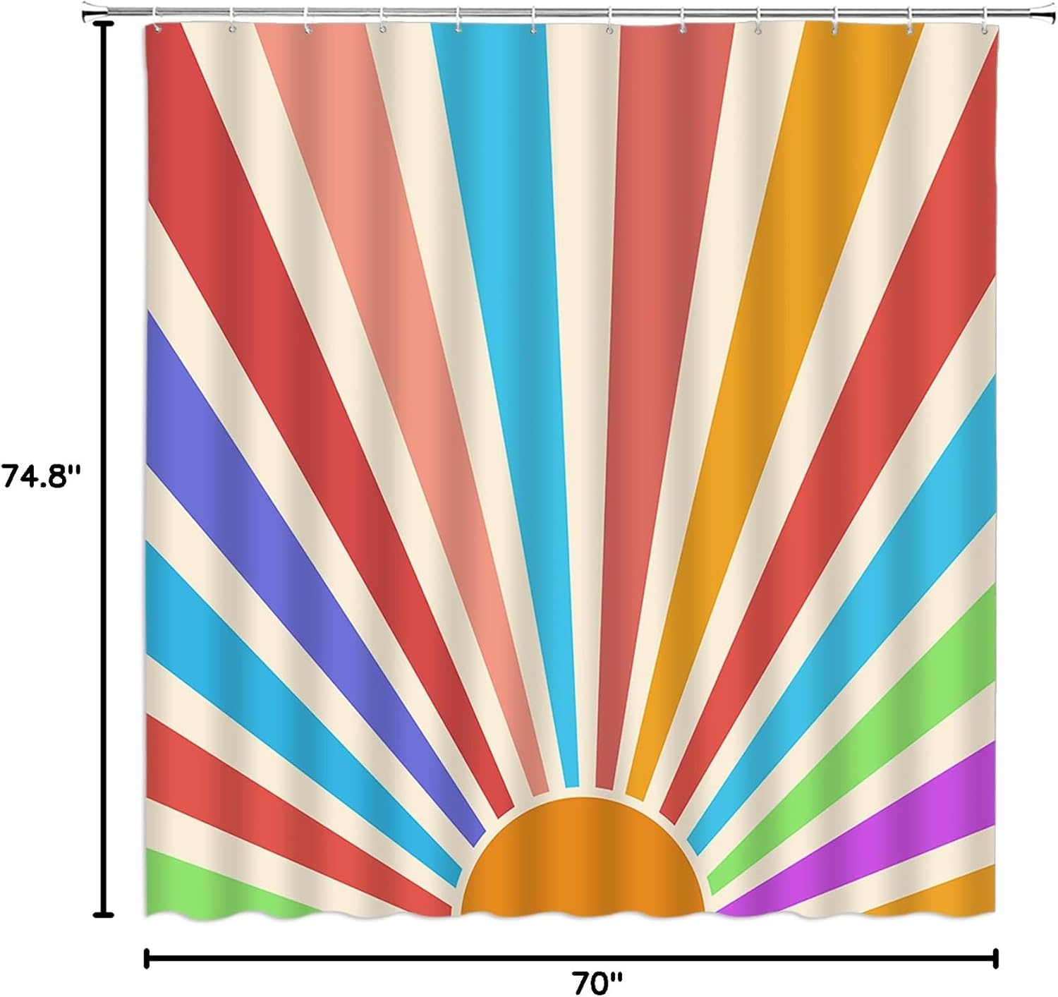 2pcs Sun Retro Sunrise Shower Curtain Set with Rug Rainbow 70s Colorful Minimalist Sunset Hippie Grunge Fabric Bathroom Decor Set with Hooks