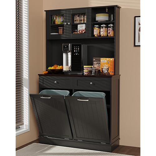 Double Tilt Out Trash Cabinet Storage Cabinet 20 Gallon with Two Solid Wood Hideaway Trash Holder Drawers, Dual Wooden Free Standing Recycling Cabinets Trash Can Bin Kitchen (Black)