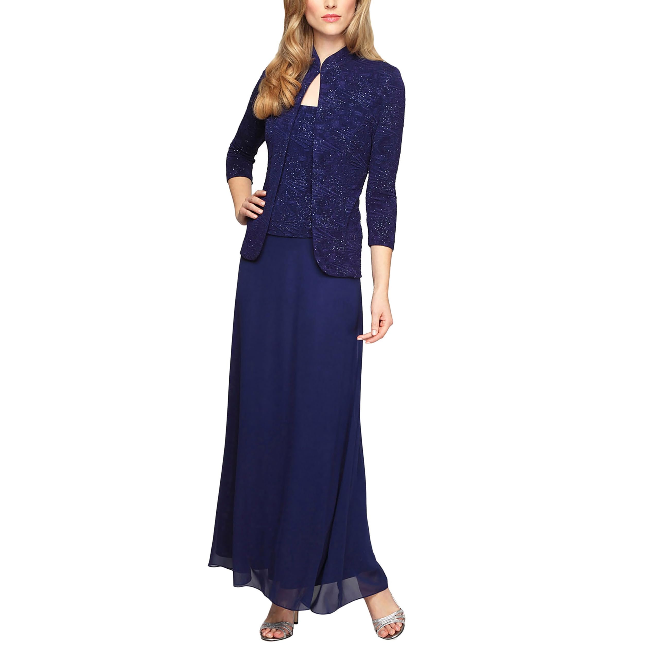 Alex Evenings Women's Electric Blue Long Dress With Mandarin Neckline Jacket (Regular Petite Plus) Special Occasion, 20
