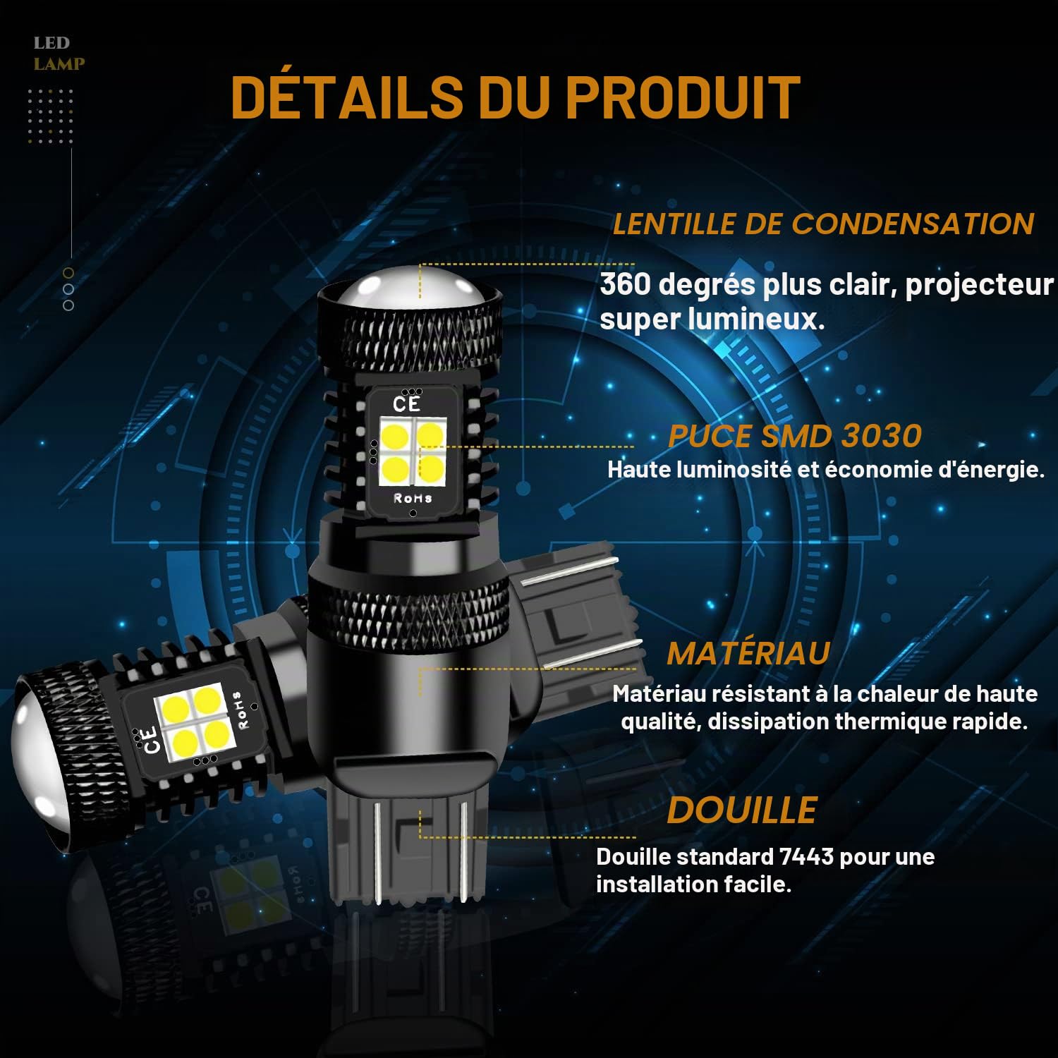 Keiurot 7443 7444NA Ampoule W21/5W Ampoules LED Utilisé Pour Feux de Recul Feu Arrière Phares Antibrouillard DRL Feux de Jours Ampoules de Stop Pour Voiture et moto Blanc 2PCS