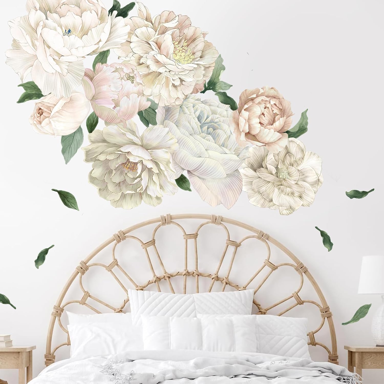 Romantic White Peony Wall Decals, Large Flower Vinyl Wall Art for Nursery & Wedding Decor, Botanical Stickers for Bedroom, Blush Floral Decal