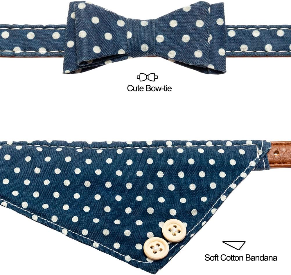 Bow Tie Dog Collar with Bell, 2 Pack Navy Blue Wave Point Adjustable Collars Bowtie Bandana for Medium Dogs