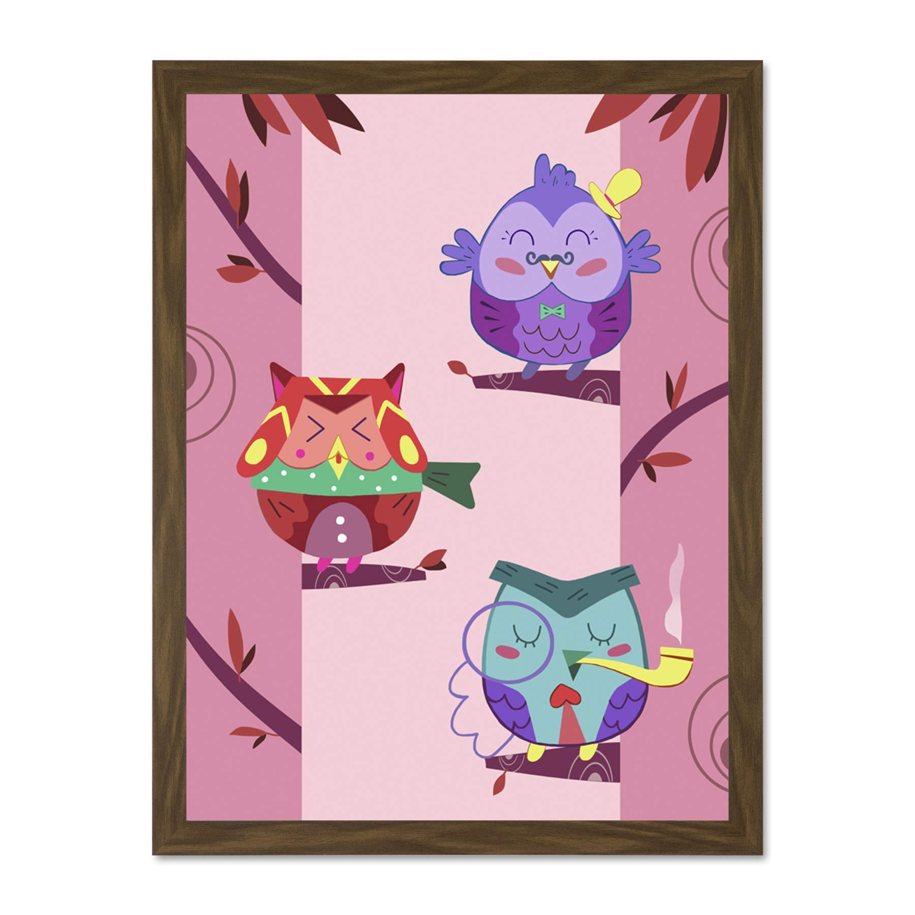 Wee Blue Coo Kawaii Owls Tree Large Framed Art Print Wall Poster 18x24 inch