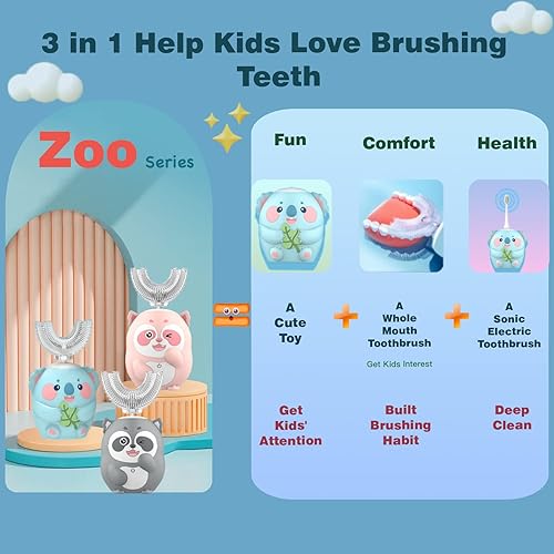 Miniatura 2 de Geacker Cepillo de dientes eléctrico en forma de U para niños, cepillo automático ultrasónico con 4 cabezales de cepillo, 6 modos de limpieza, IPX7,