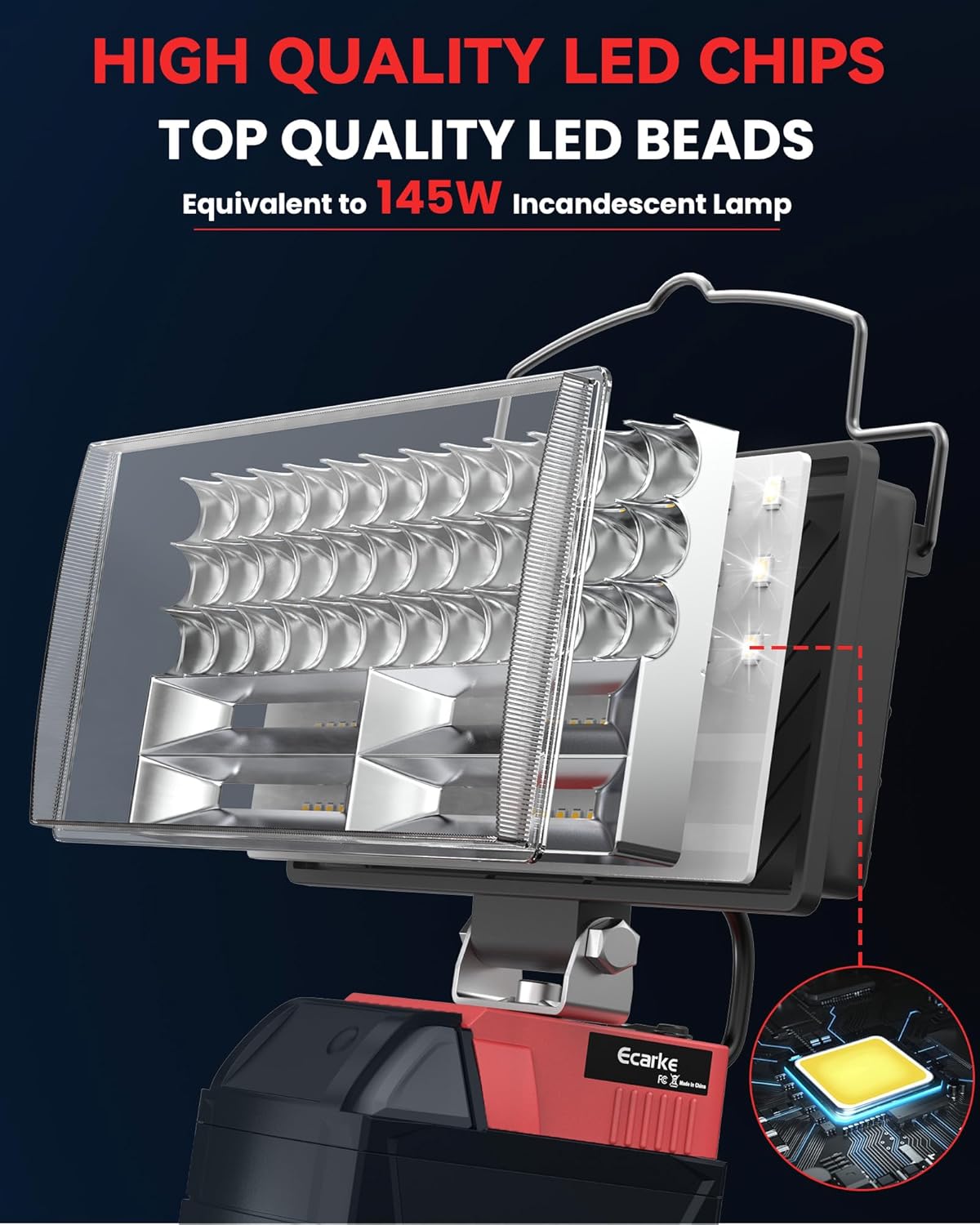 Ecarke LED Work Light Compatible with Milwaukee 18V Battery, 7'' 145W Cordless Work Lights 14500 Lumens of Brightness Battery Light with Low Voltage Protection & Type-C & USB-A Charger Port