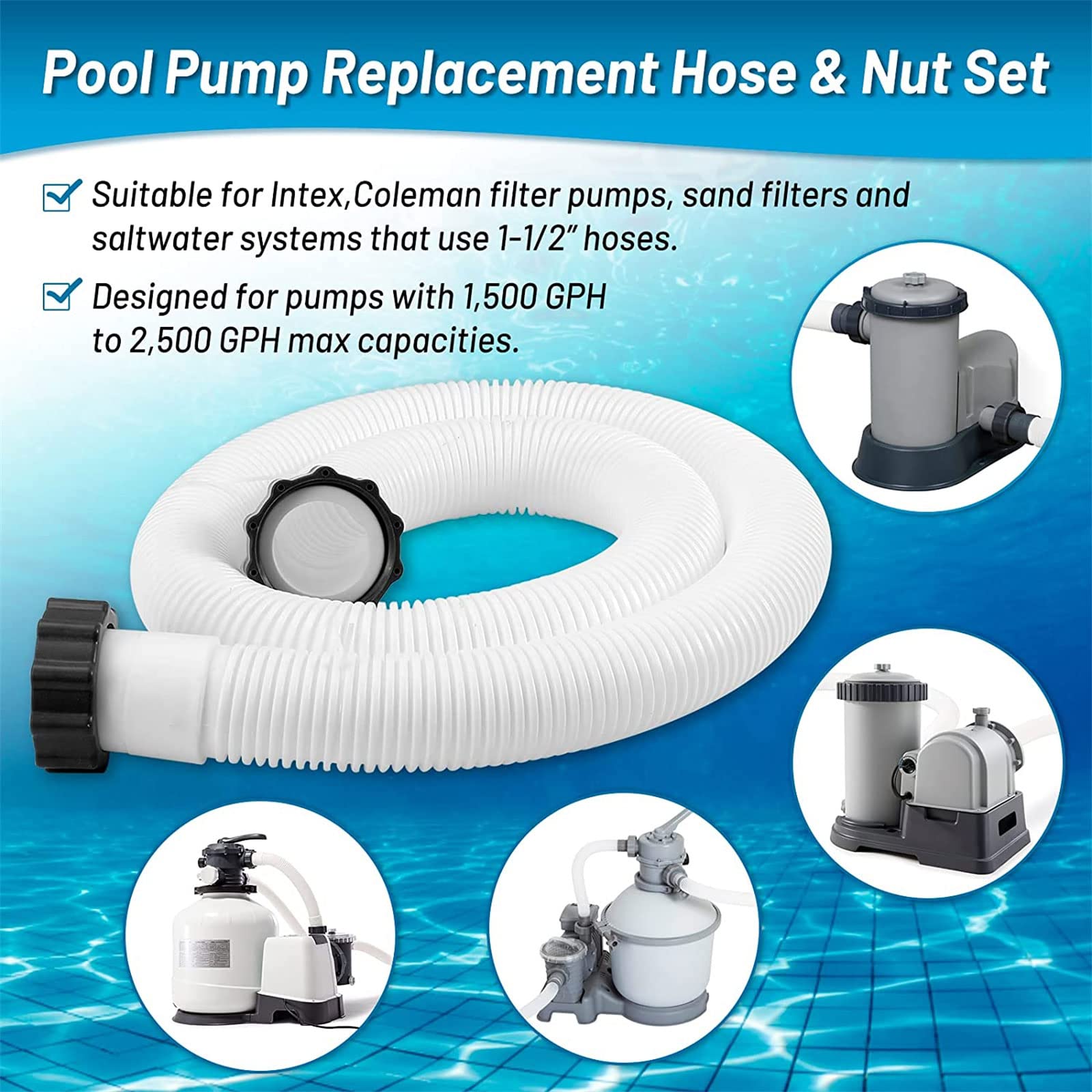 29060E Poolpumpenschläuche, 59 Zoll Poolschläuche für Intexx Filterpumpen, Sandfilter mit einer Kapazität von 1.500 bis 2.500 GPH, 1/2 / 4 Stück Sandfilterpumpe für oberirdische Teile,
