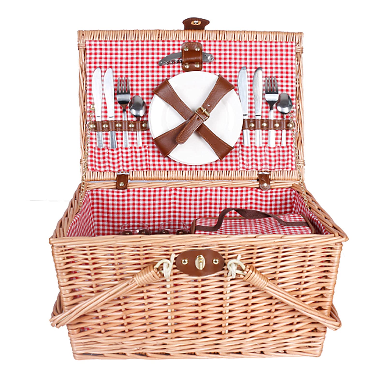 YAROK 4 Person Traditional Picnic Wicker Hamper Willow Basket with Cooler Bag, Free Cutlery Kit-for Camping,Outdoor,Valentine Day,Chirtmas,Thanks Giving,Birthday