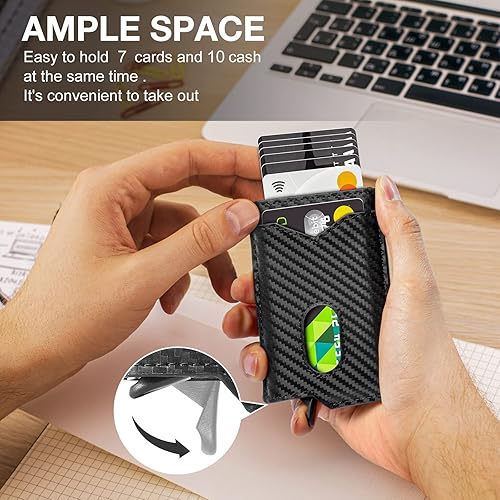 Miniatura 3 de GSOIAX Cartera delgada para hombre, con bloqueo RFID, carteras plegables para hombres, minimalista, de cuero auténtico, fibra de carbono, clip para
