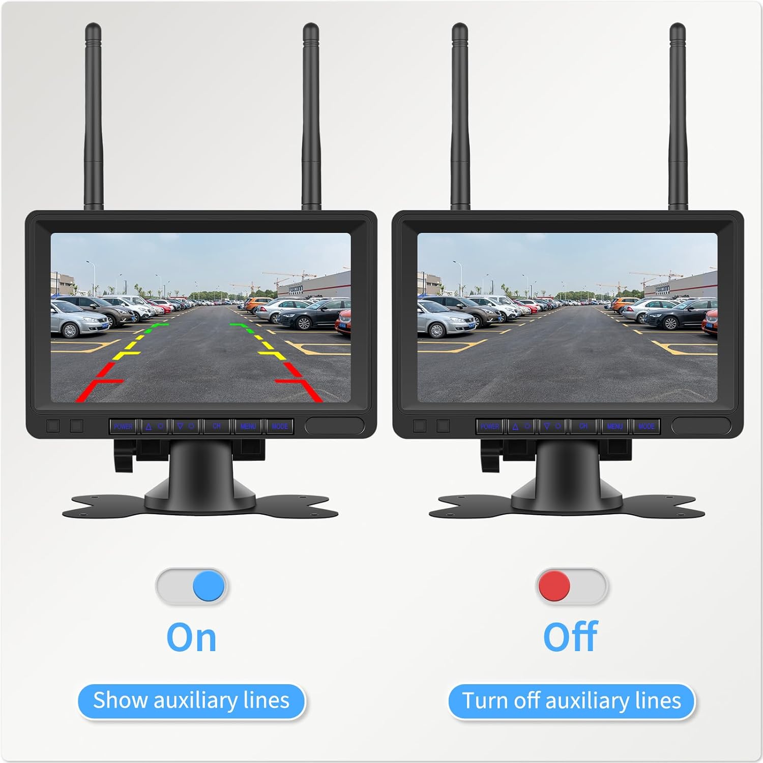 Two monitors side-by-side, one showing auxiliary parking lines enabled ('On') and the other showing them disabled ('Off'), demonstrating the ability to toggle guide lines.