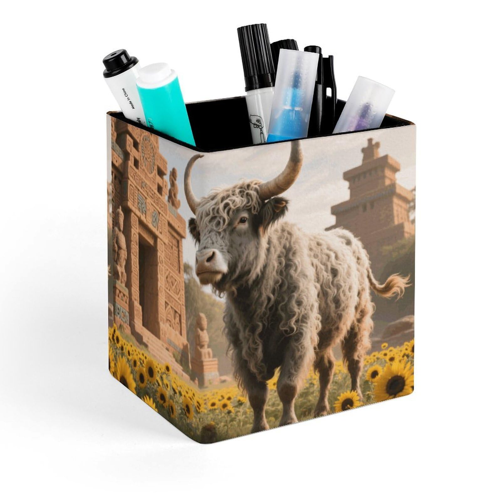 DWVTSLH Aesthetic Pen Holder for Desk - Modern Leather Pencil Holder - Stylish Square Makeup Brush Holder - Cow Sunflower Aztec Pen Cup Cute And Functional Desk Organizer for Office Supplies