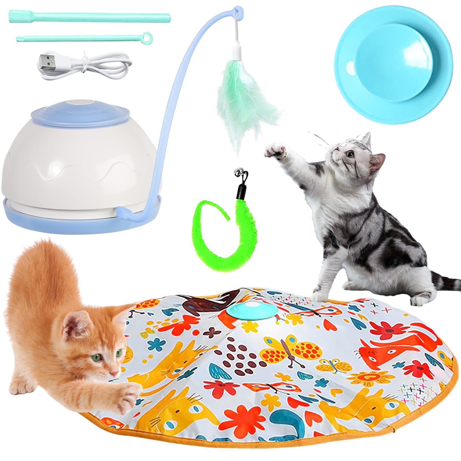 Feibety Interactive Cat Toys for Indoor Cats Adult,3 in 1 Smart Upgrade Motor 4 Modes Motorized Wand Kitten Toys,Handmade Rotating Feather Rechargeable Automatic Cat Toys Upgrade Motor